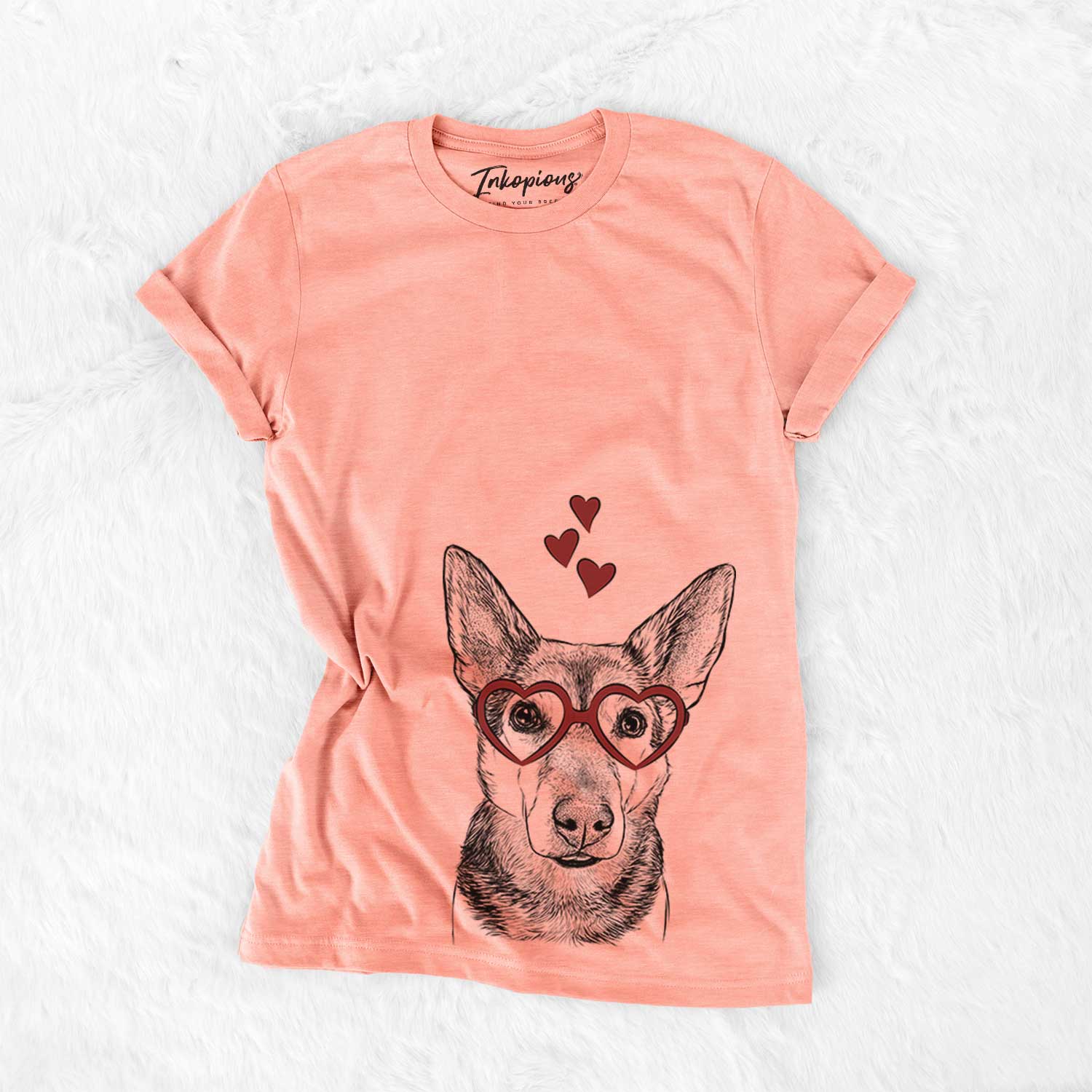 Hand-drawn sketch of Sammie the Mixed Breed wearing heart-shaped glasses on a Sunset Bella Canvas Unisex Crewneck