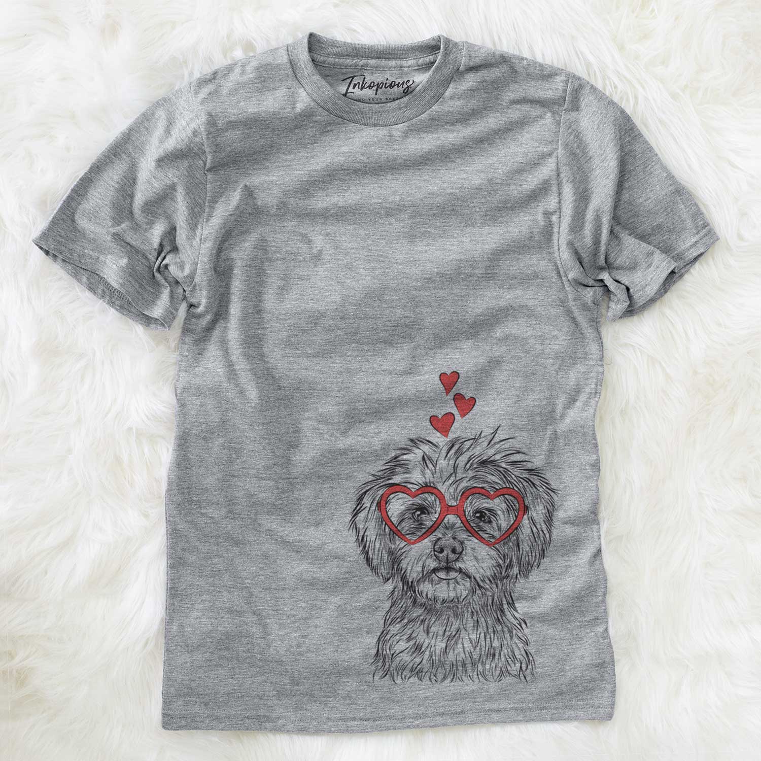 Hand-drawn sketch of Sammy the Shorkie wearing heart-shaped glasses on a Grey Unisex crewneck