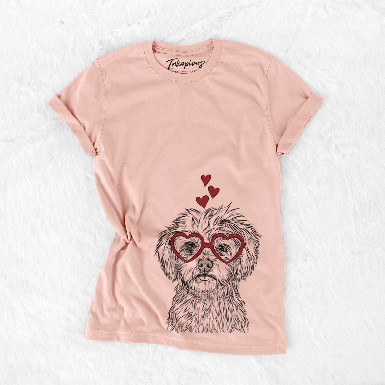 Hand-drawn sketch of Sammy the Shorkie wearing heart-shaped glasses on a Peach Bella Canvas Unisex Crewneck