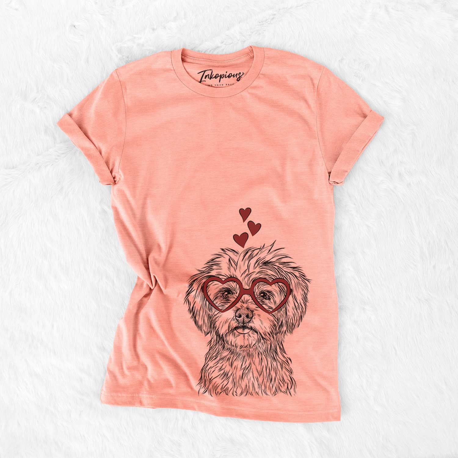 Hand-drawn sketch of Sammy the Shorkie wearing heart-shaped glasses on a Sunset Bella Canvas Unisex Crewneck