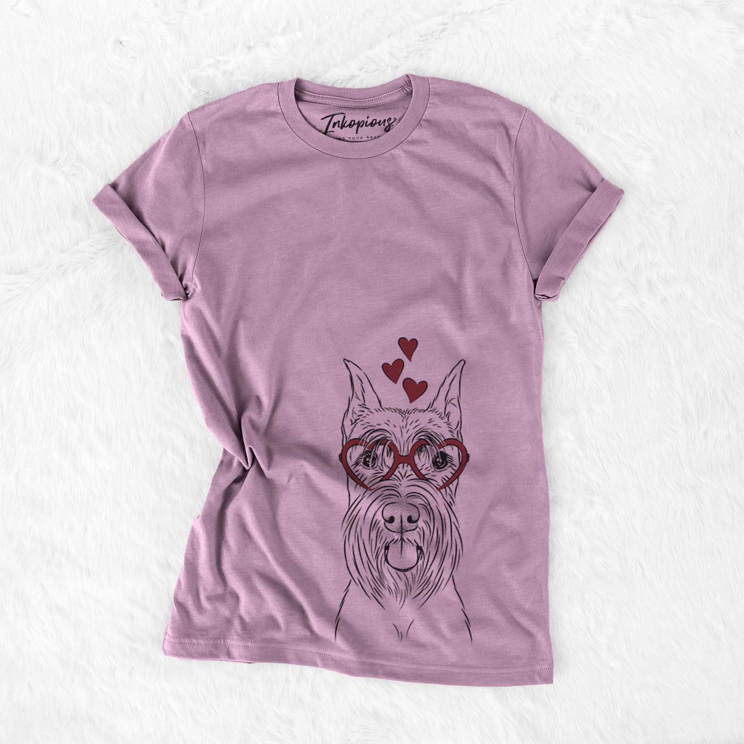 Hand-drawn sketch of Samuel the Standard Schnauzer wearing heart-shaped glasses on an Orchid Bella Canvas Unisex Crewneck