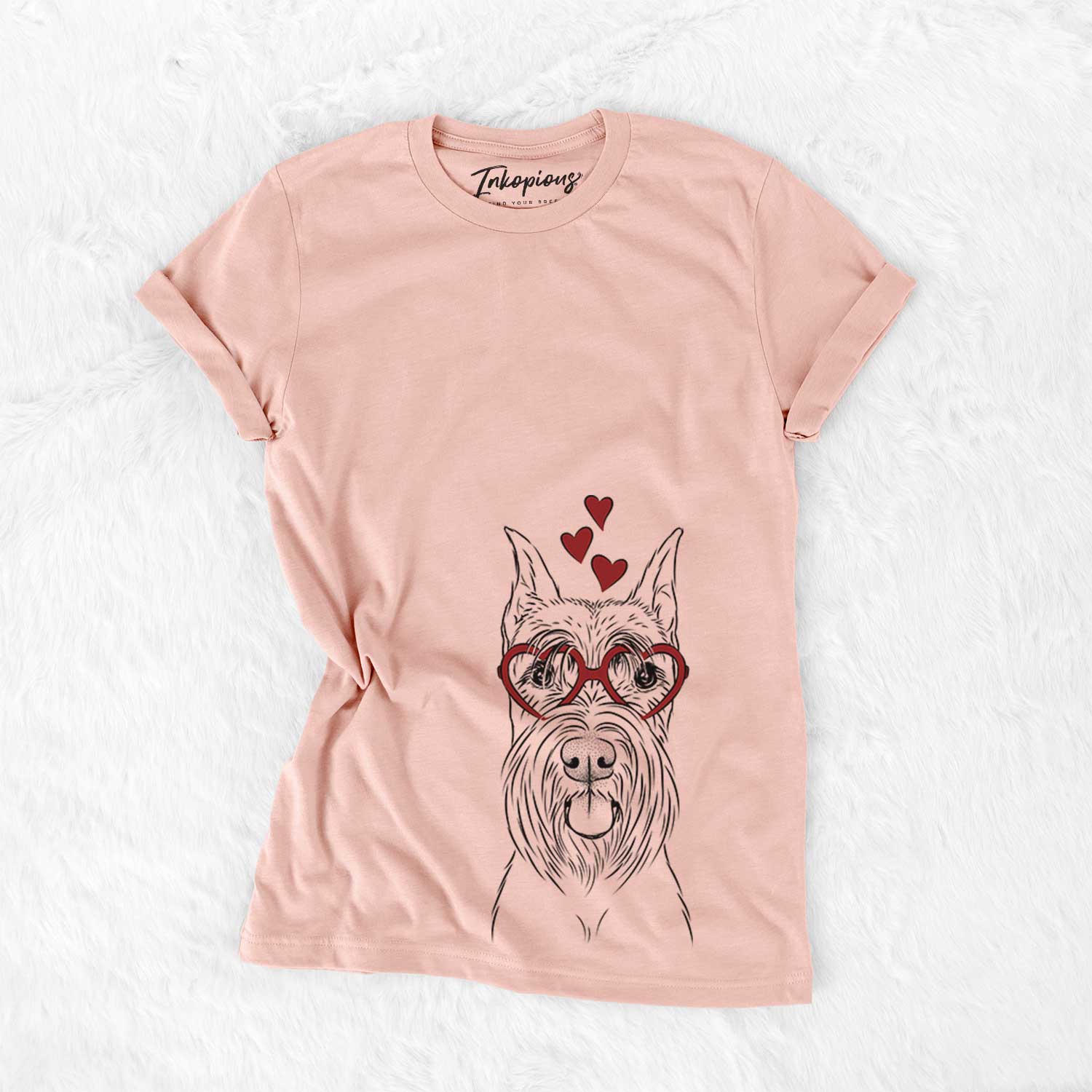 Hand-drawn sketch of Samuel the Standard Schnauzer wearing heart-shaped glasses on a Peach Bella Canvas Unisex Crewneck