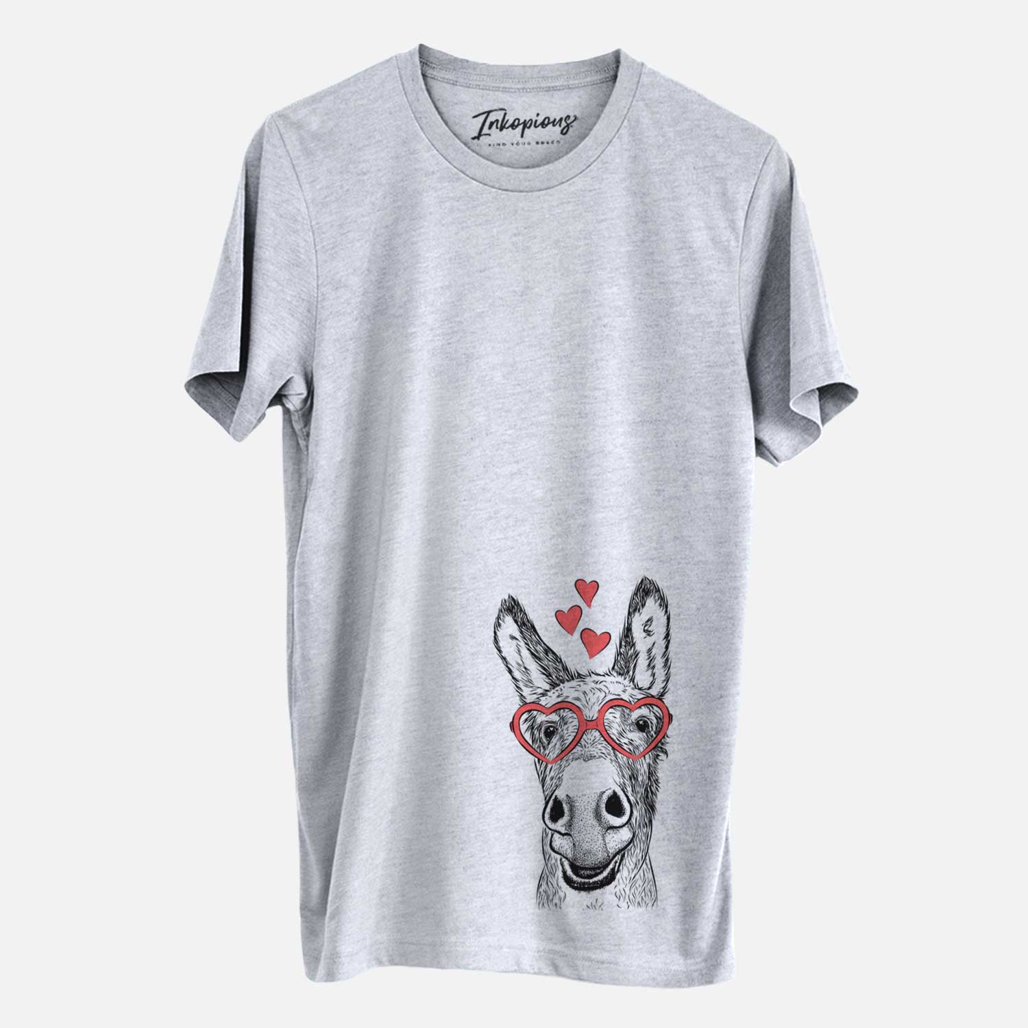 Hand-drawn sketch of Samule the Donkey wearing heart-shaped glasses on a Grey Unisex crewneck