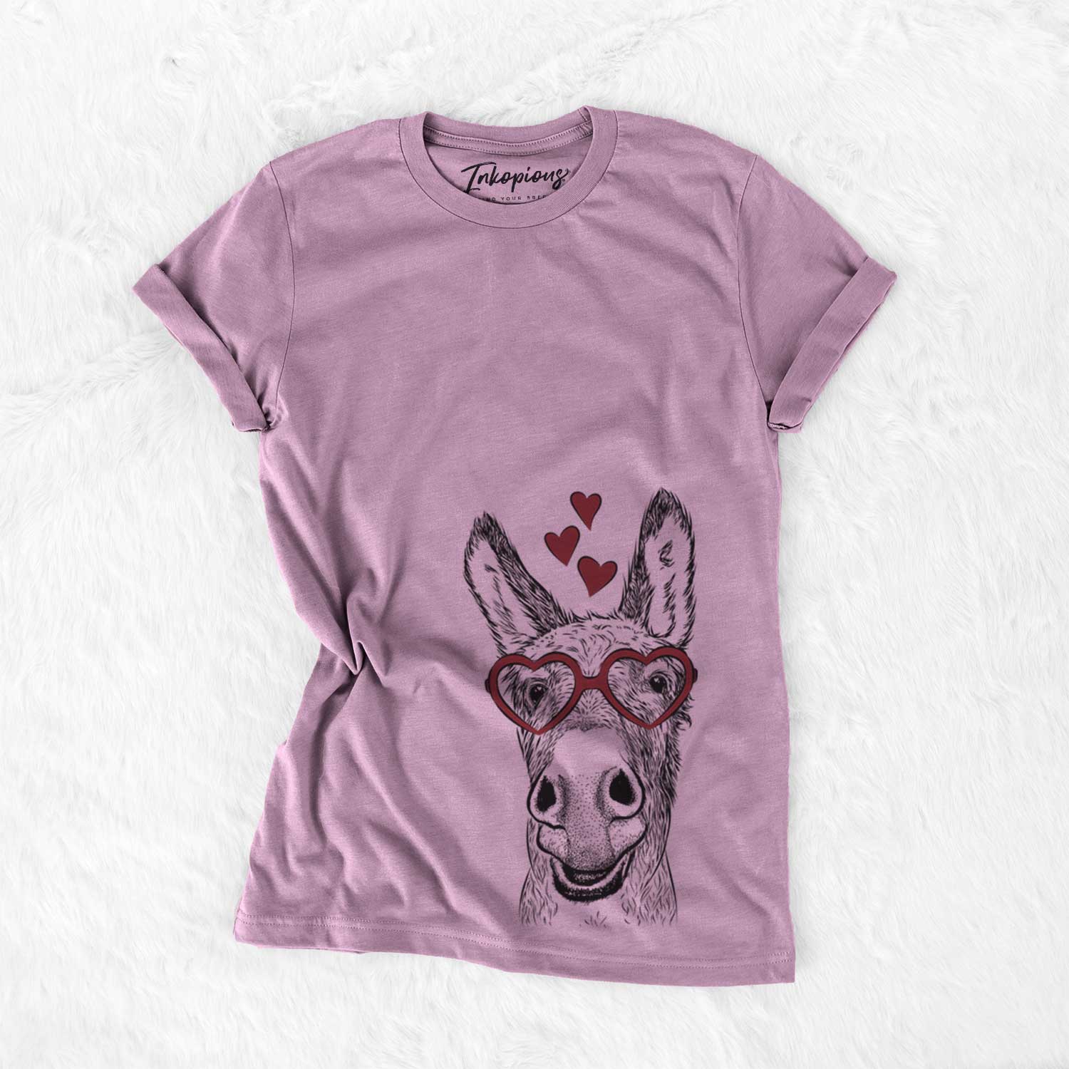 Hand-drawn sketch of Samule the Donkey wearing heart-shaped glasses on an Orchid Bella Canvas Unisex Crewneck