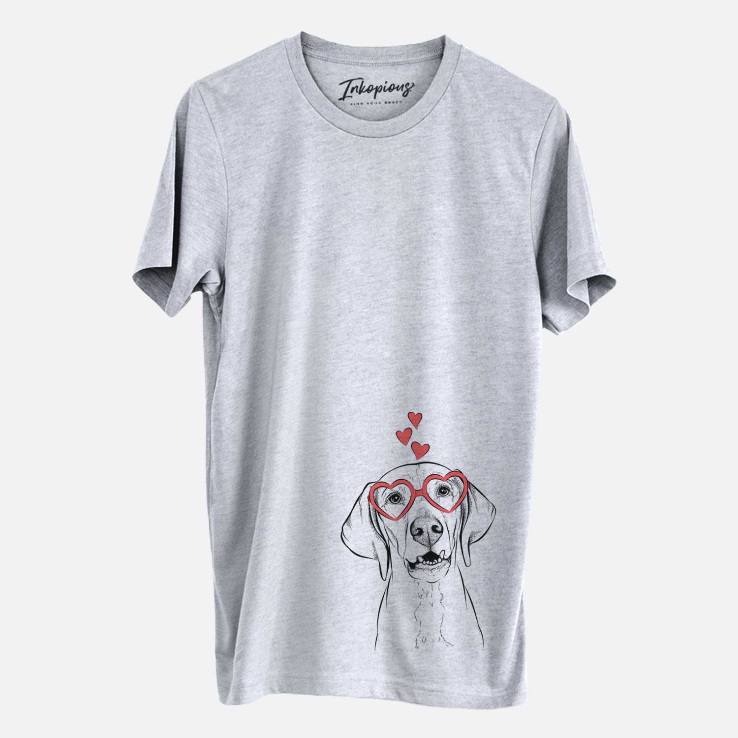 Hand-drawn sketch of Sarge the Vizsla wearing heart-shaped glasses on a Grey Unisex crewneck