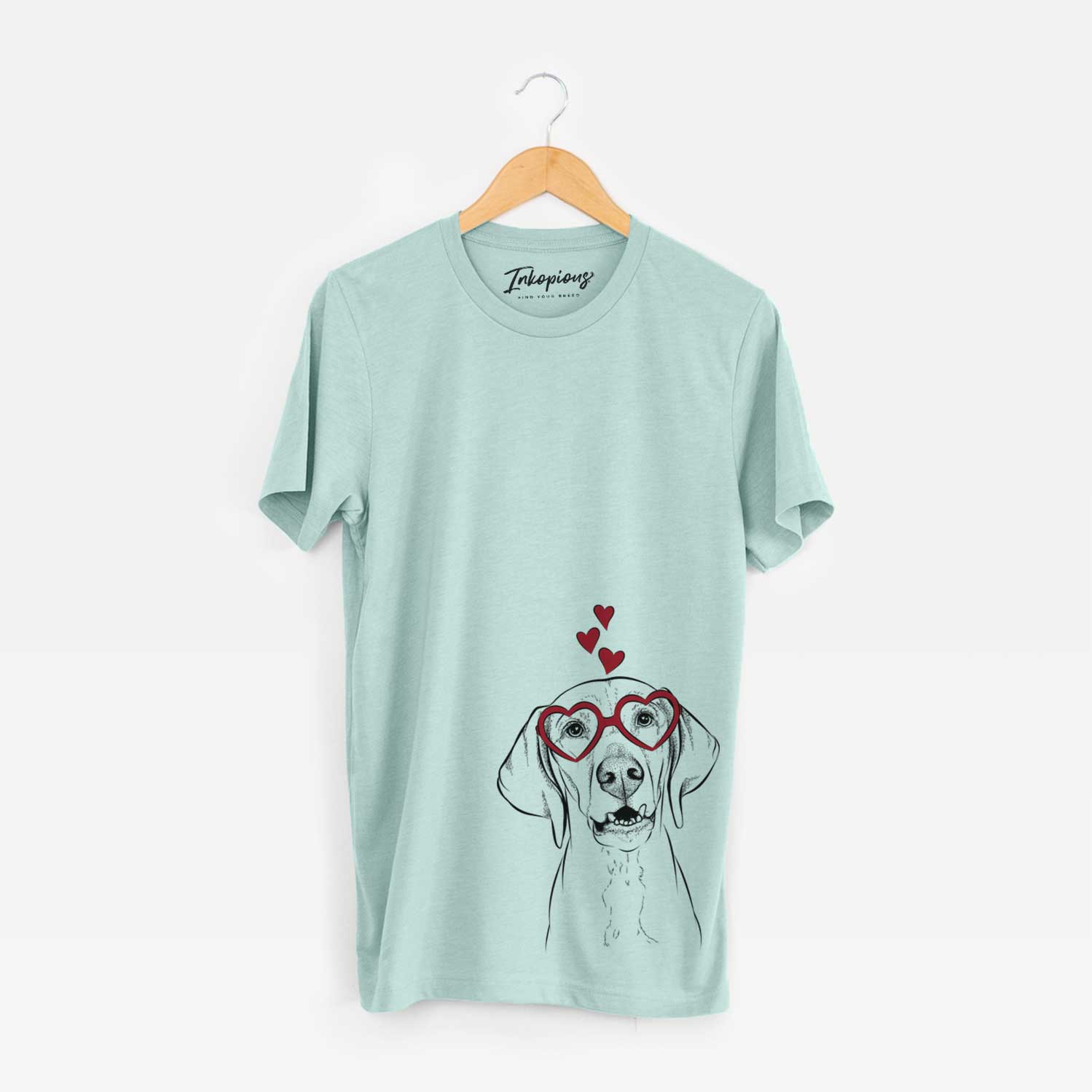 Hand-drawn sketch of Sarge the Vizsla wearing heart-shaped glasses on a Heather Sage Bella Canvas Unisex Crewneck