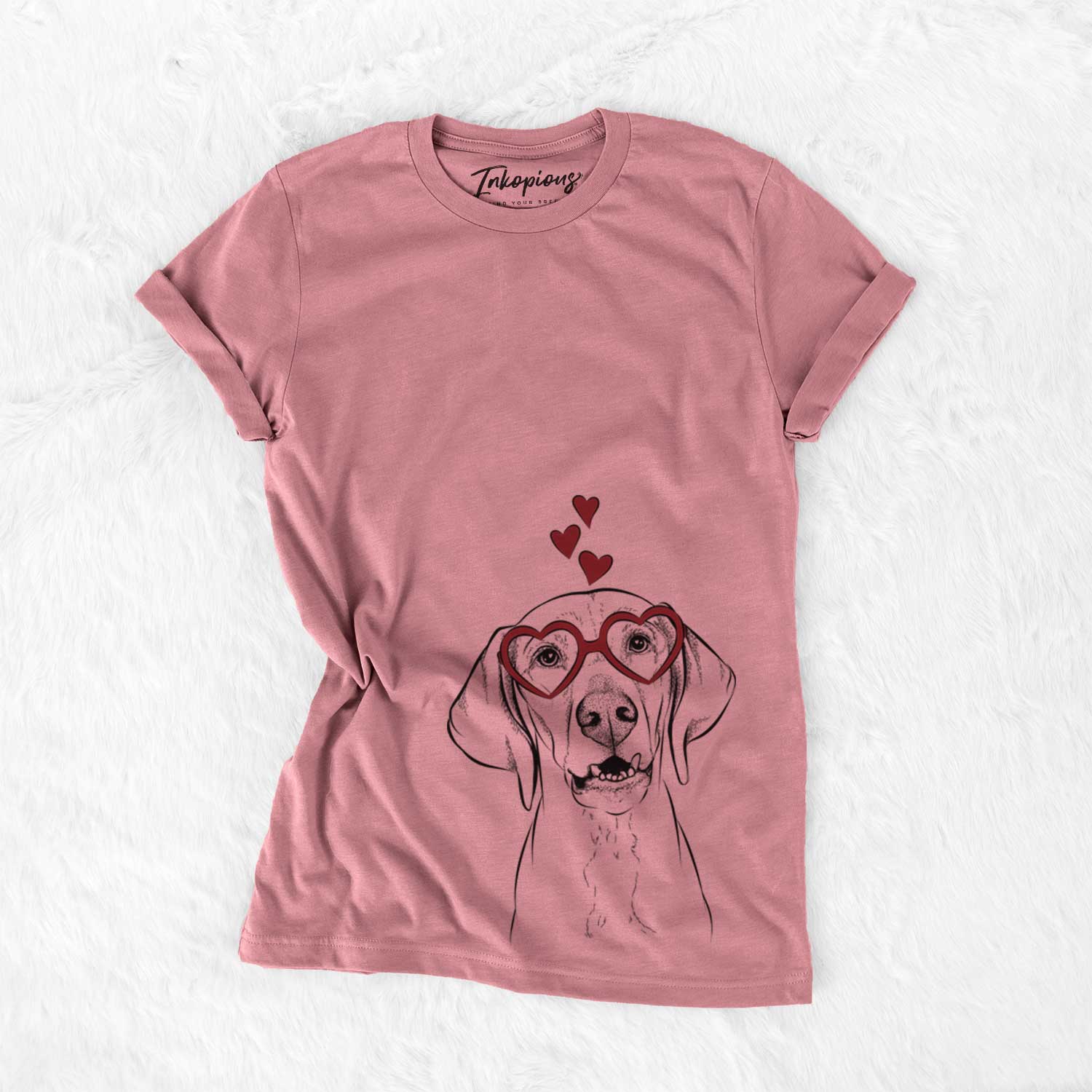 Hand-drawn sketch of Sarge the Vizsla wearing heart-shaped glasses on a Mauve Bella Canvas Unisex Crewneck