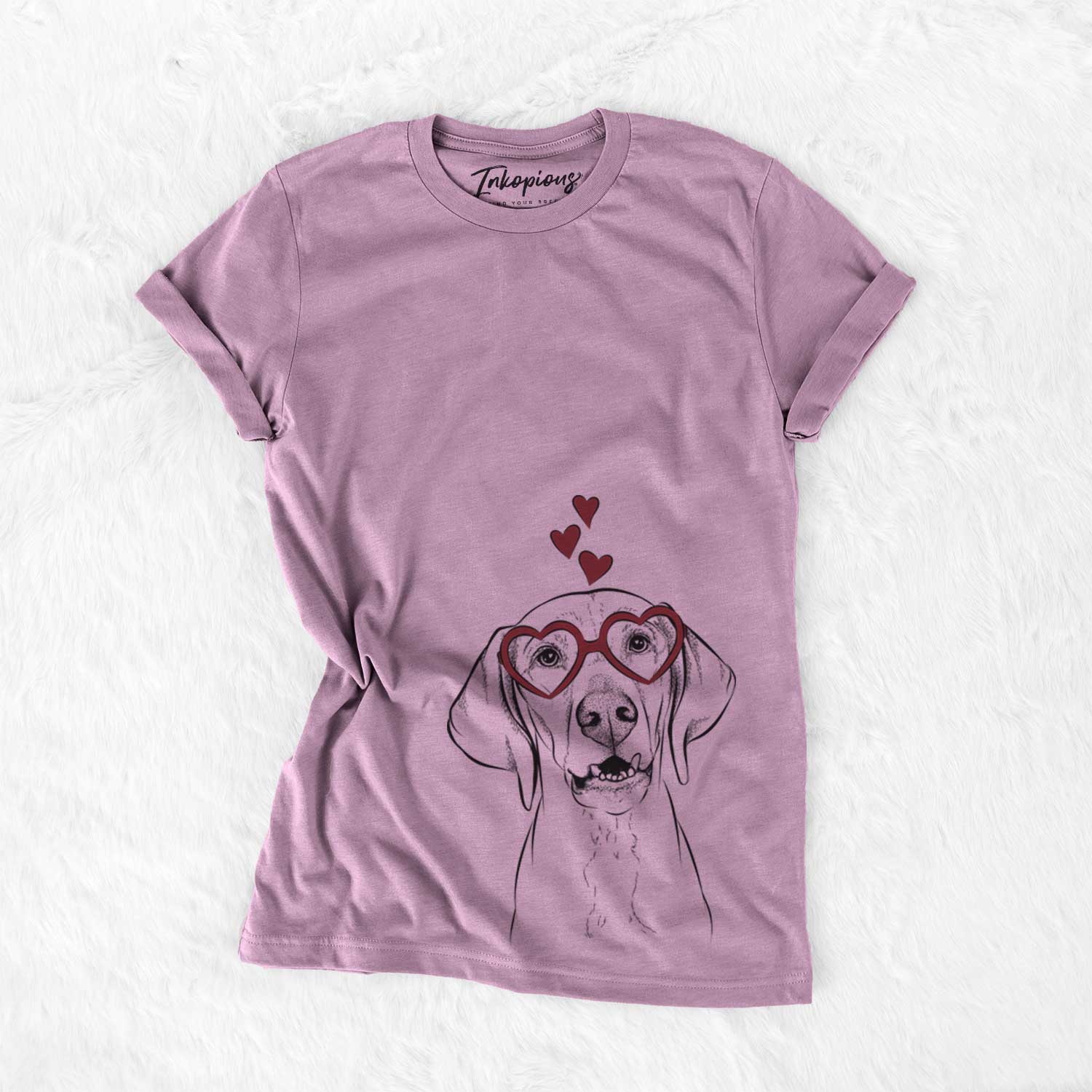Hand-drawn sketch of Sarge the Vizsla wearing heart-shaped glasses on an Orchid Bella Canvas Unisex Crewneck