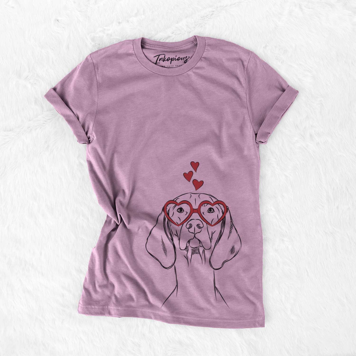 Hand-drawn sketch of Sawyer the Vizsla wearing heart-shaped glasses on an Orchid Bella Canvas Unisex Crewneck