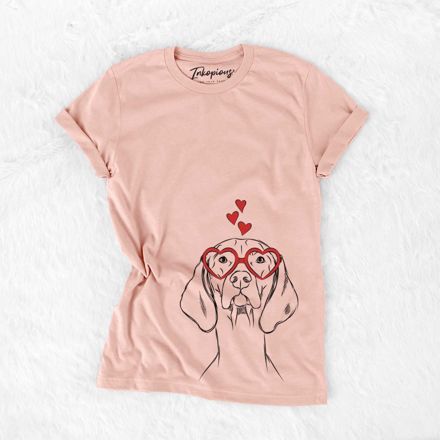 Hand-drawn sketch of Sawyer the Vizsla wearing heart-shaped glasses on a Peach Bella Canvas Unisex Crewneck
