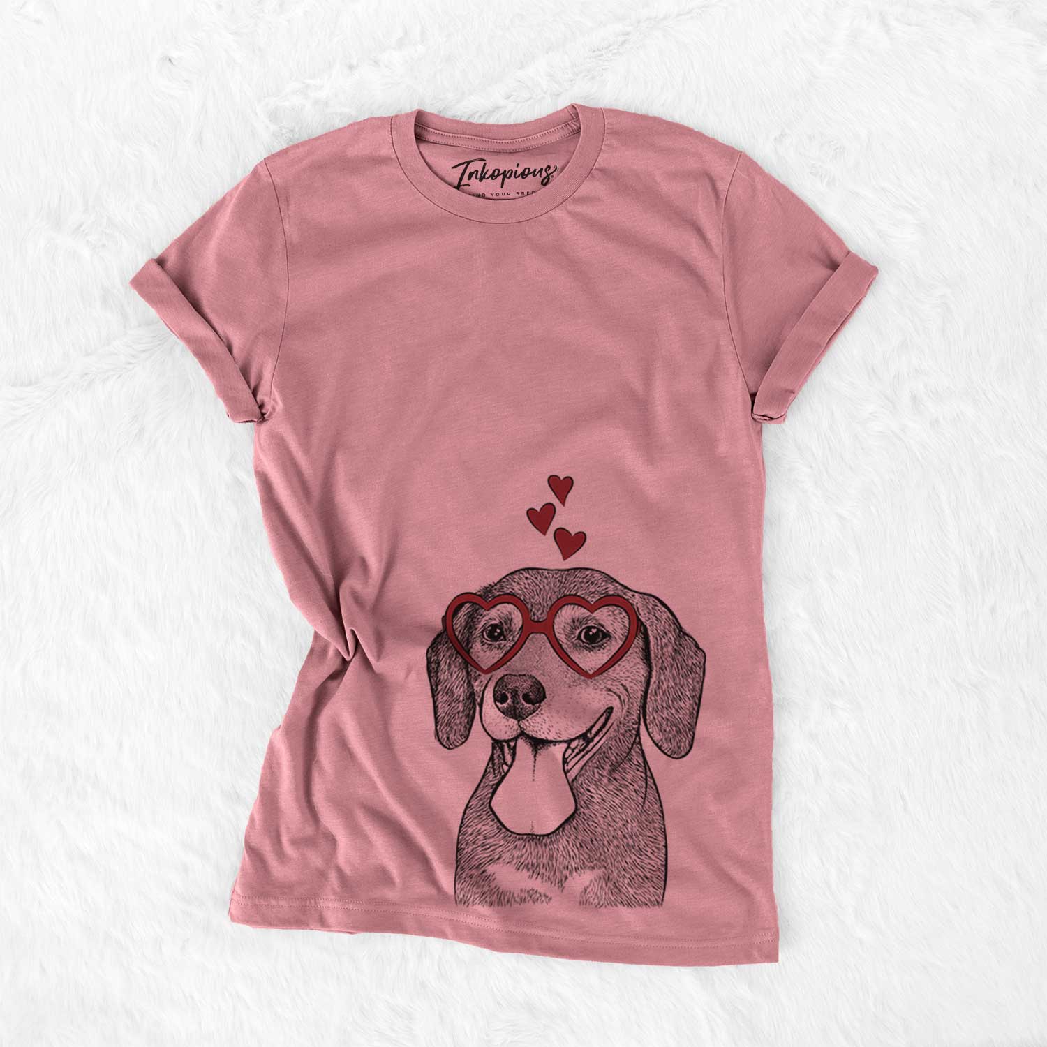 Hand-drawn sketch of Scarlett the Beagle wearing heart-shaped glasses on a Mauve Bella Canvas Unisex Crewneck