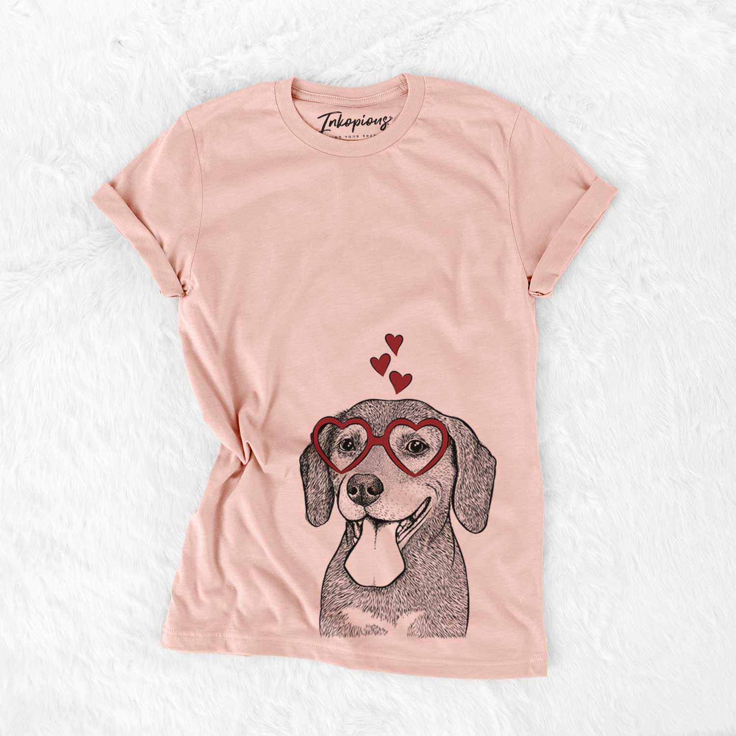 Hand-drawn sketch of Scarlett the Beagle wearing heart-shaped glasses on a Peach Bella Canvas Unisex Crewneck
