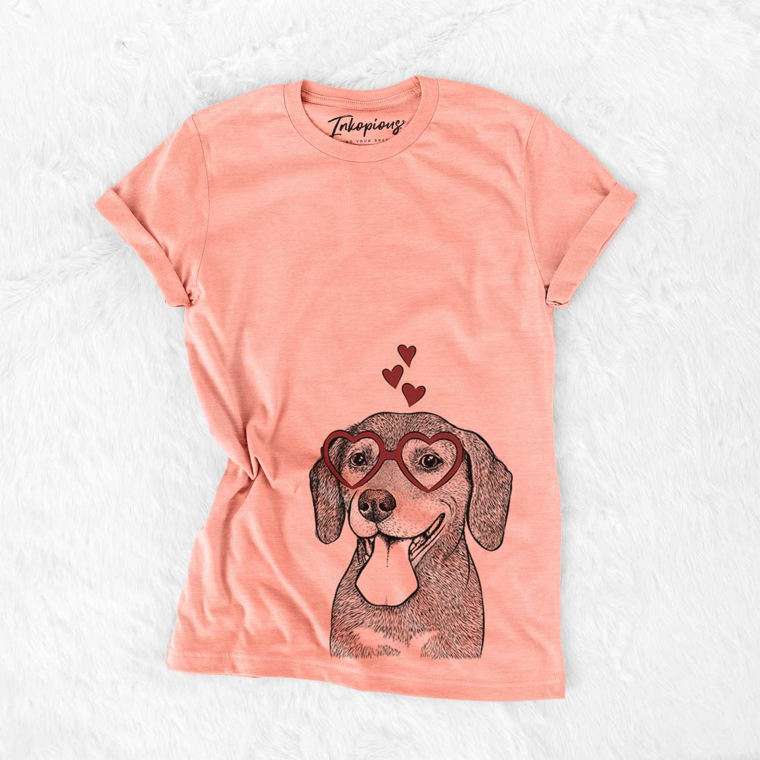 Hand-drawn sketch of Scarlett the Beagle wearing heart-shaped glasses on a Sunset Bella Canvas Unisex Crewneck
