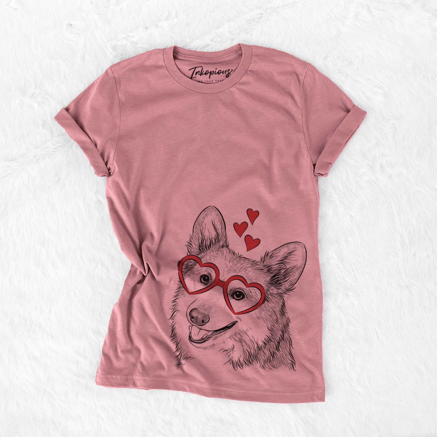 Hand-drawn sketch of Scout the Pembroke Welsh Corgi wearing heart-shaped glasses on a Mauve Bella Canvas Unisex Crewneck
