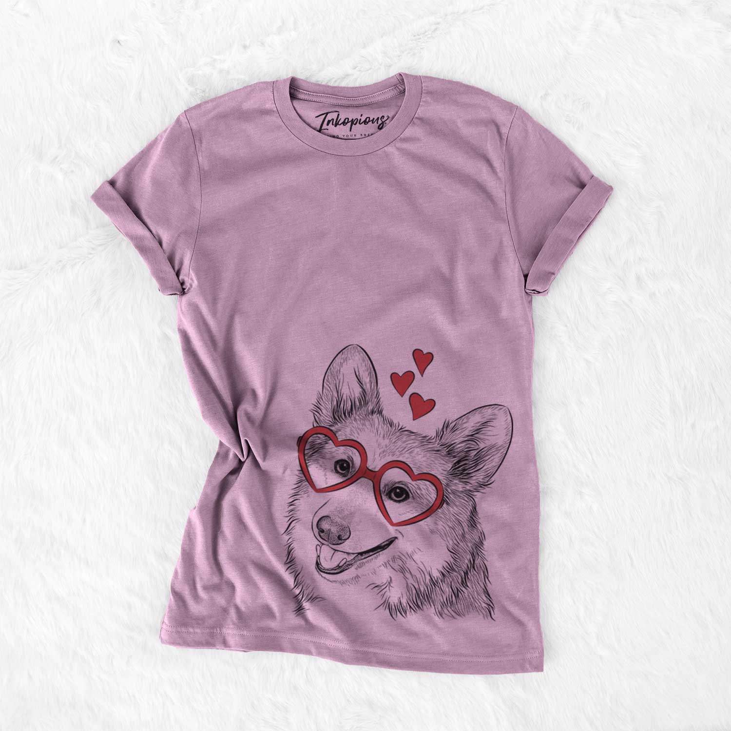 Hand-drawn sketch of Scout the Pembroke Welsh Corgi wearing heart-shaped glasses on an Orchid Bella Canvas Unisex Crewneck
