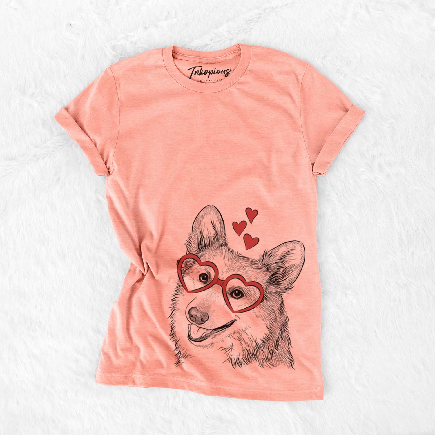Hand-drawn sketch of Scout the Pembroke Welsh Corgi wearing heart-shaped glasses on a Sunset Bella Canvas Unisex Crewneck