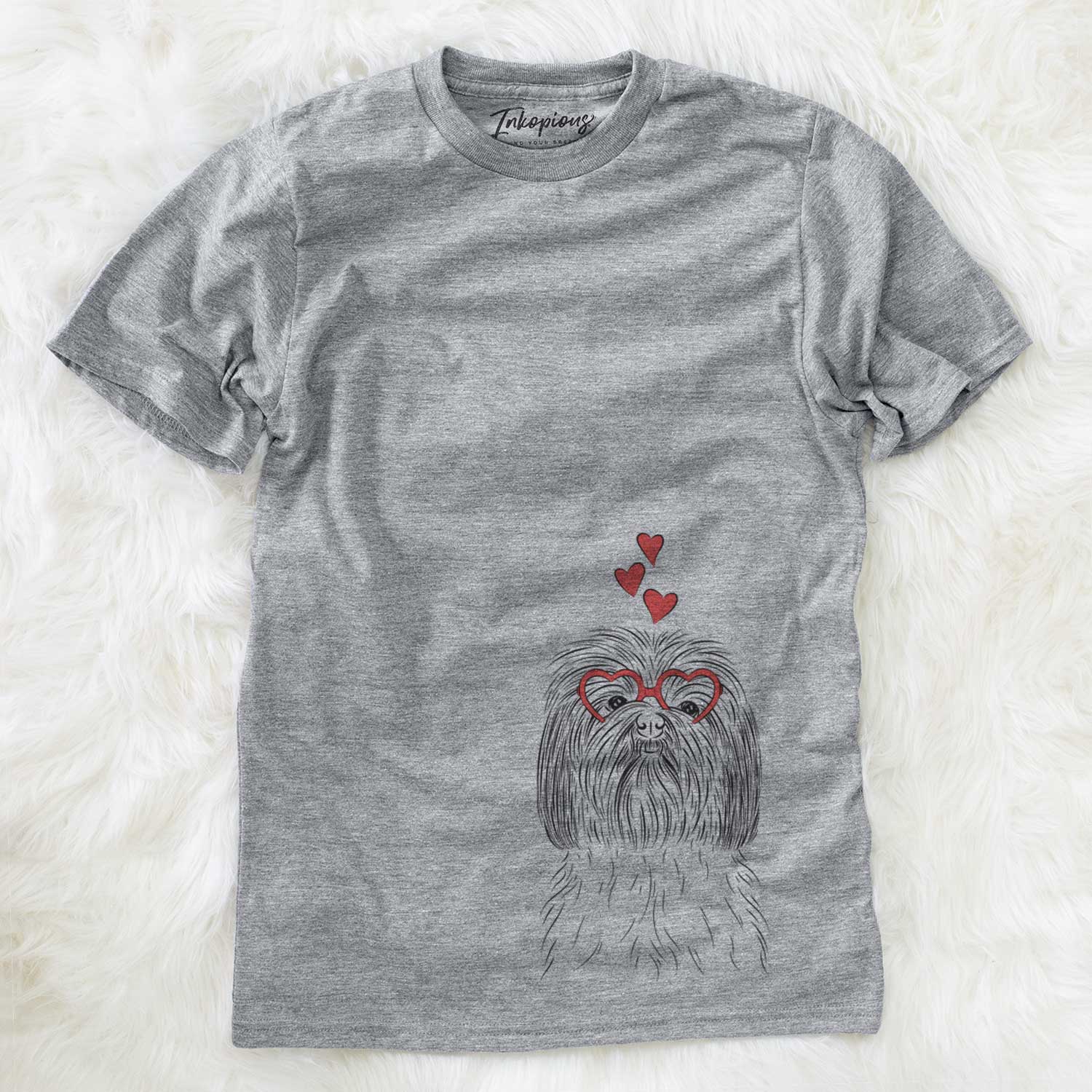 Hand-drawn sketch of Scully the Shih Tzu wearing heart-shaped glasses on a Grey Unisex crewneck