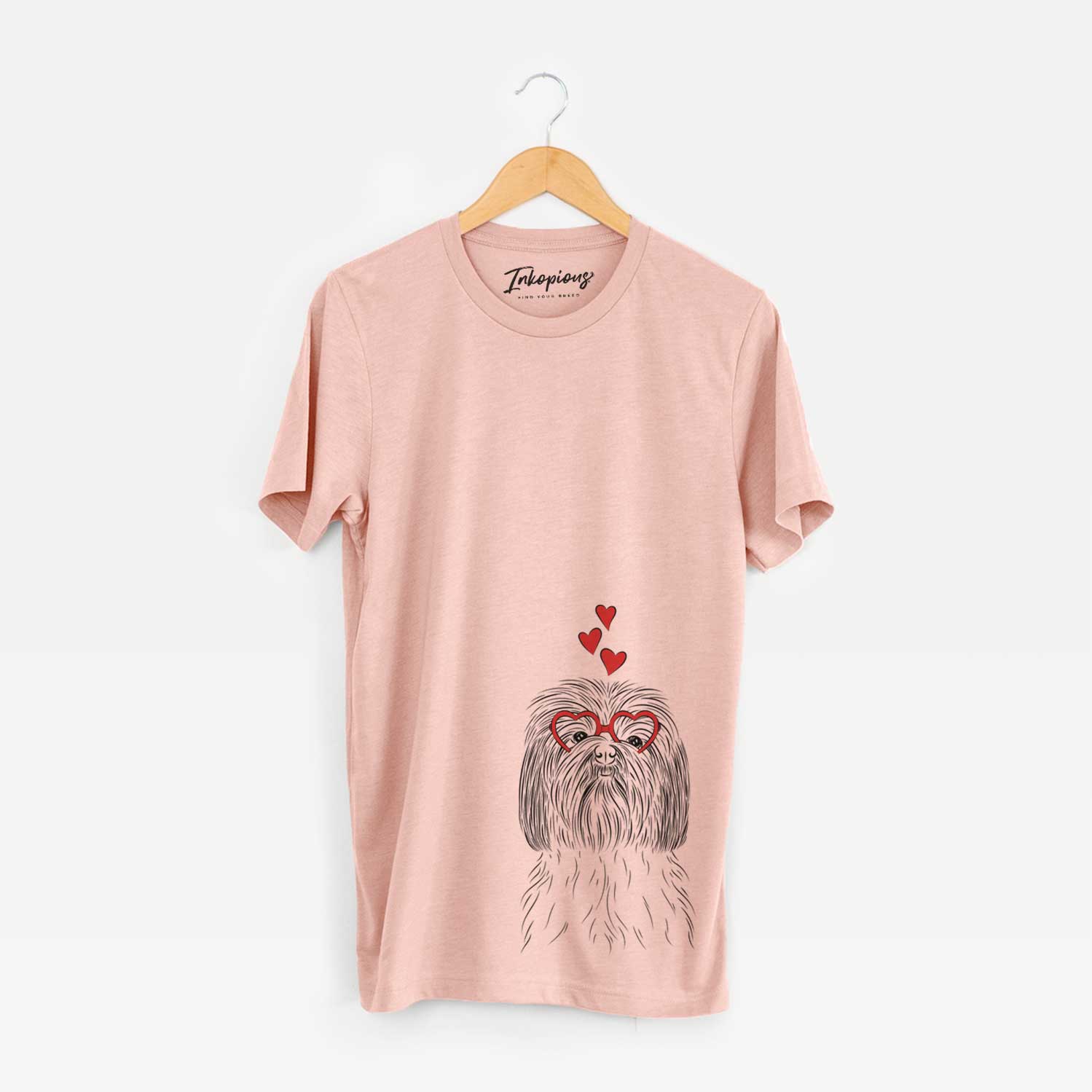 Hand-drawn sketch of Scully the Shih Tzu wearing heart-shaped glasses on a Peach Unisex crewneck