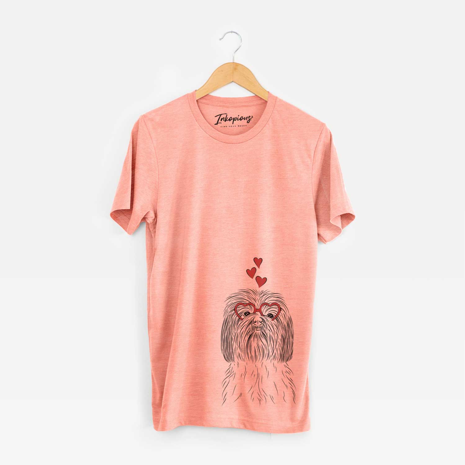 Hand-drawn sketch of Scully the Shih Tzu wearing heart-shaped glasses on a Sunset Unisex crewneck