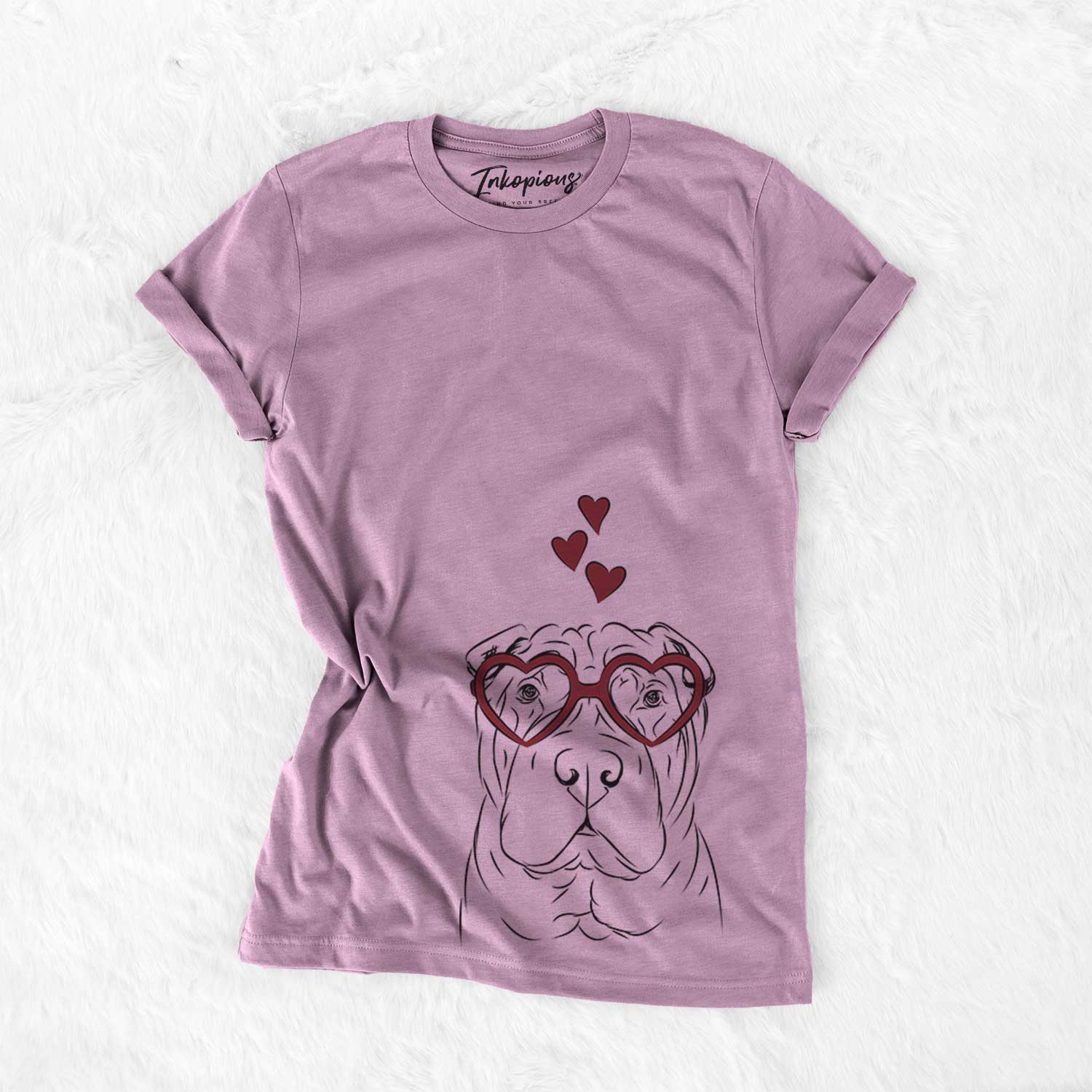 Hand-drawn sketch of Sharpy the Shar Pei wearing heart-shaped glasses on an Orchid Bella Canvas Unisex Crewneck