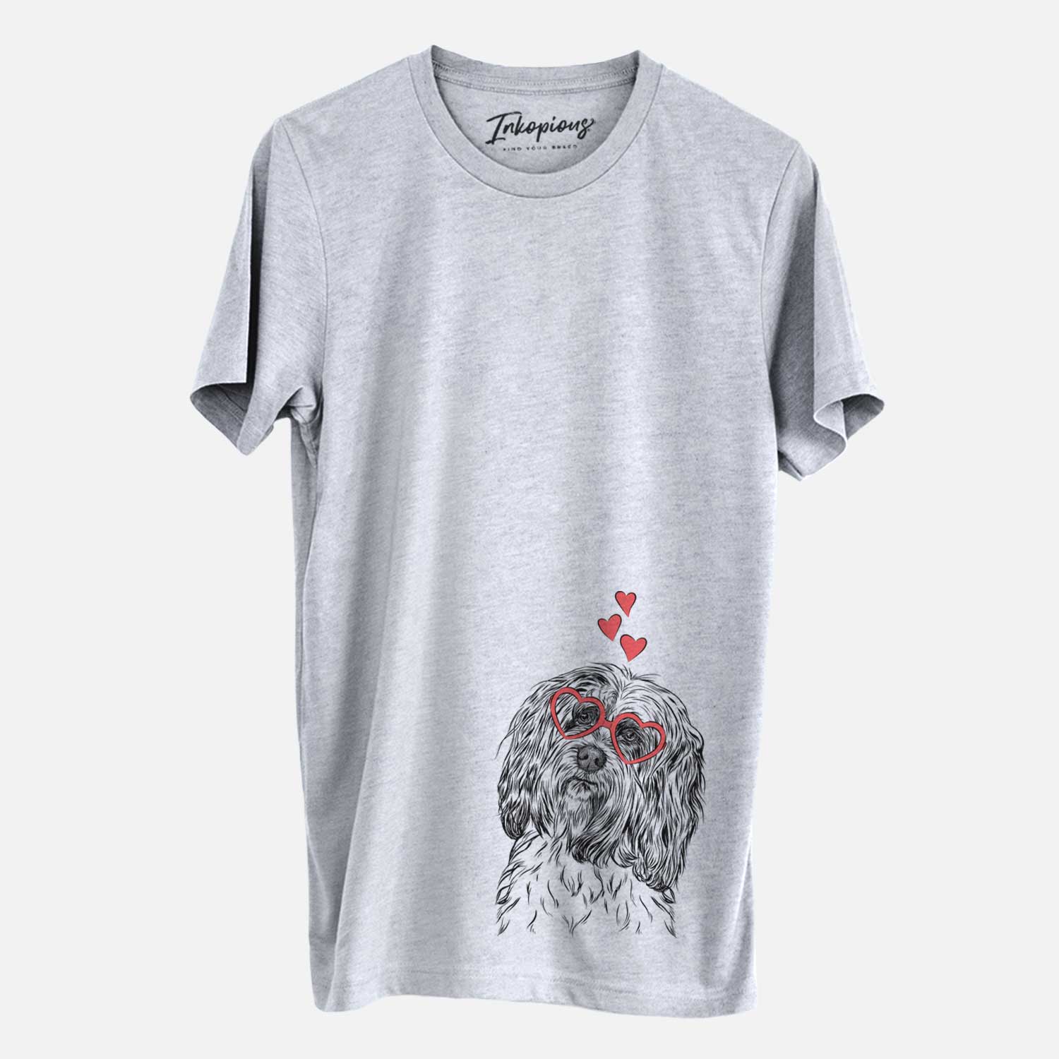 Hand-drawn sketch of Shenpa the Tibetan Terrier wearing heart-shaped glasses on a Grey Unisex crewneck