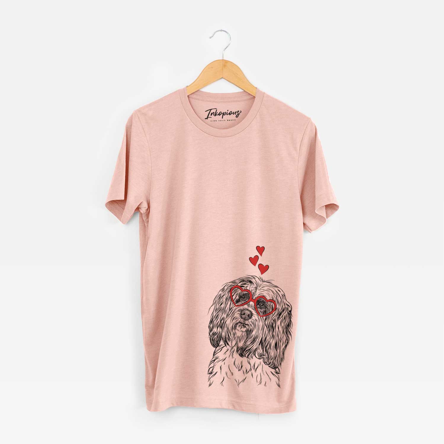 Hand-drawn sketch of Shenpa the Tibetan Terrier wearing heart-shaped glasses on a Peach Unisex crewneck