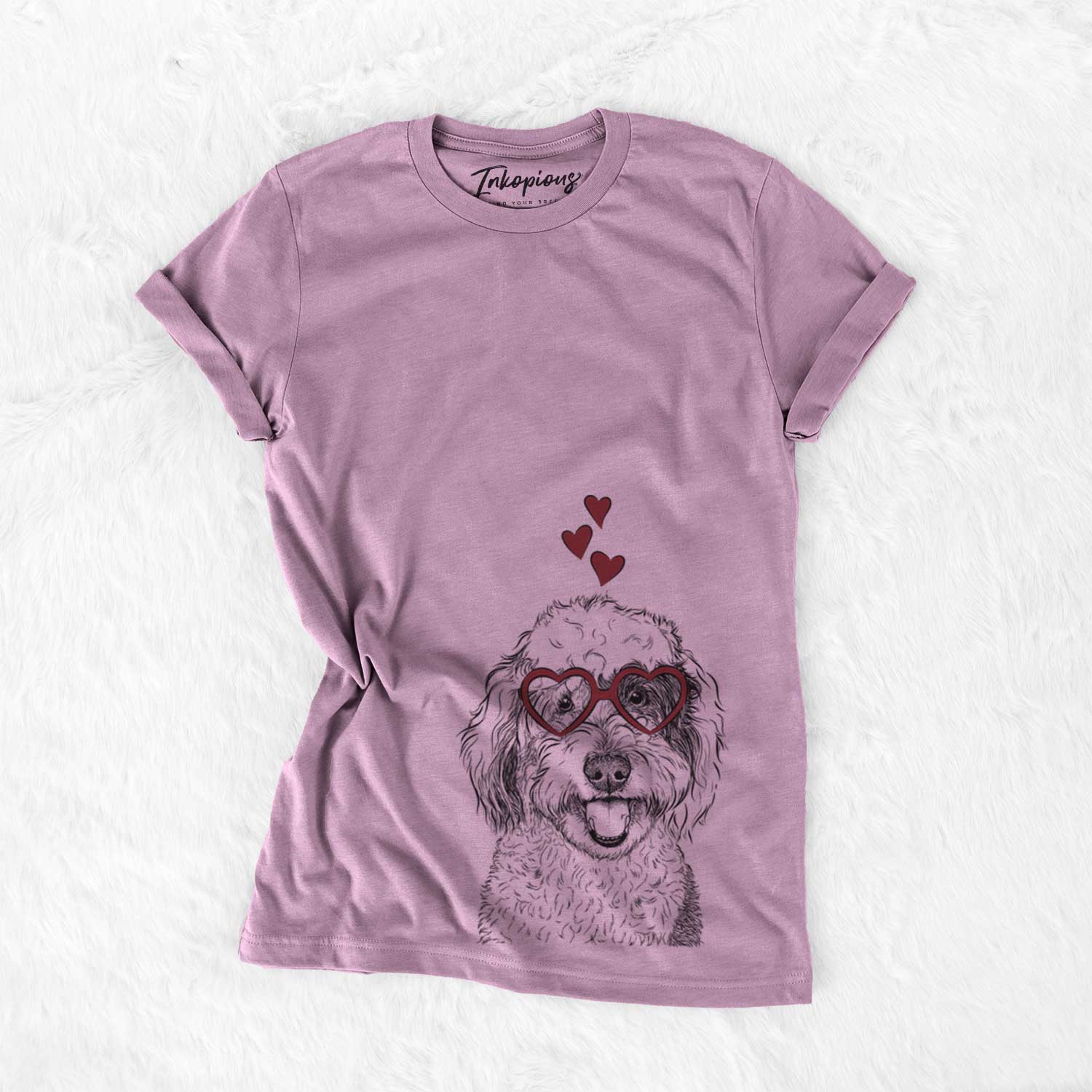 Hand-drawn sketch of Sherlock the Sheepadoodle wearing heart-shaped glasses on an Orchid Bella Canvas Unisex Crewneck