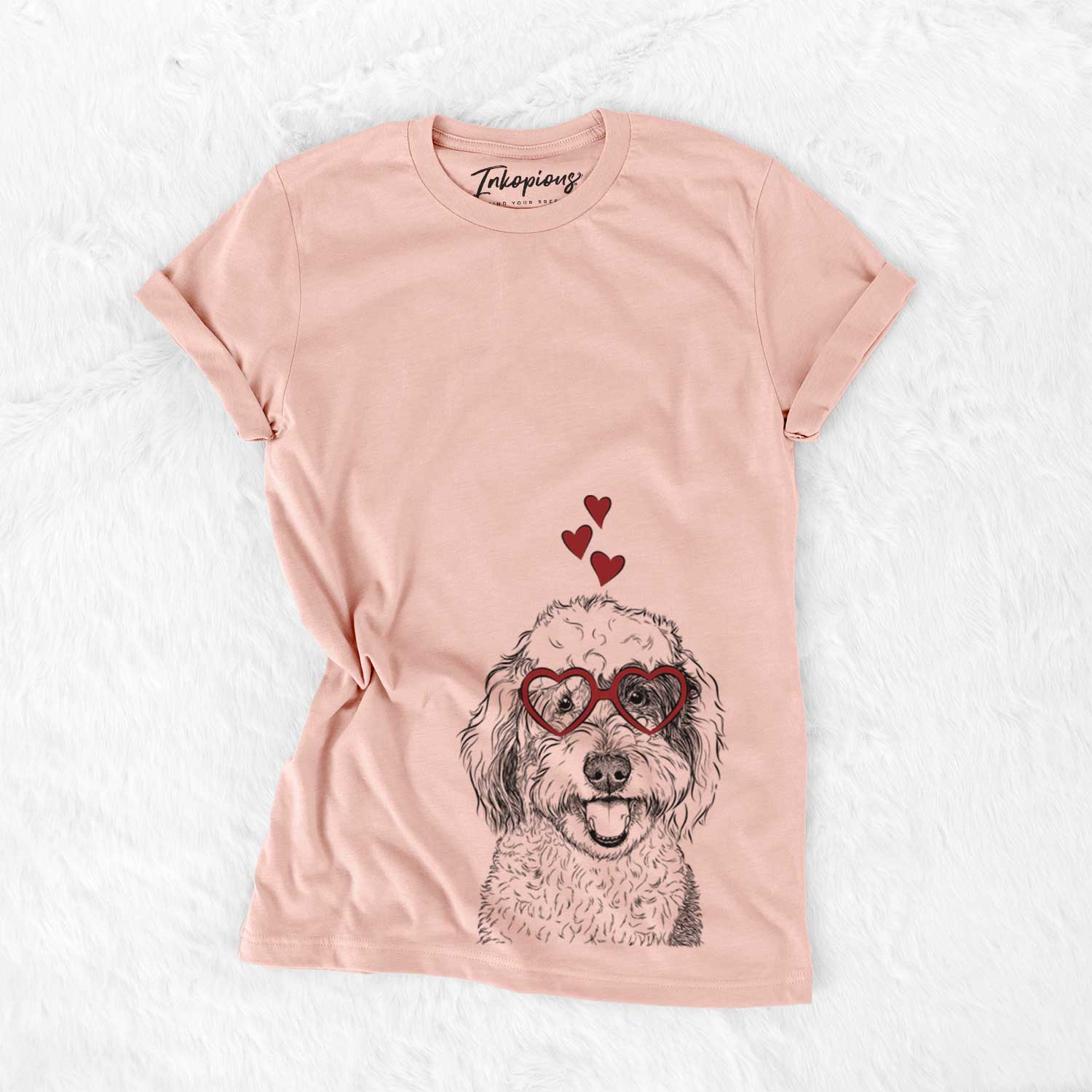 Hand-drawn sketch of Sherlock the Sheepadoodle wearing heart-shaped glasses on a Peach Bella Canvas Unisex Crewneck