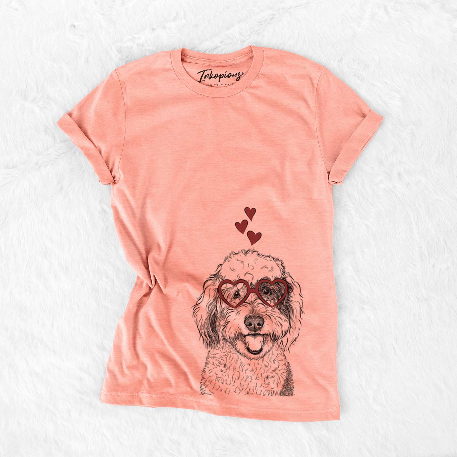 Hand-drawn sketch of Sherlock the Sheepadoodle wearing heart-shaped glasses on a Sunset Bella Canvas Unisex Crewneck