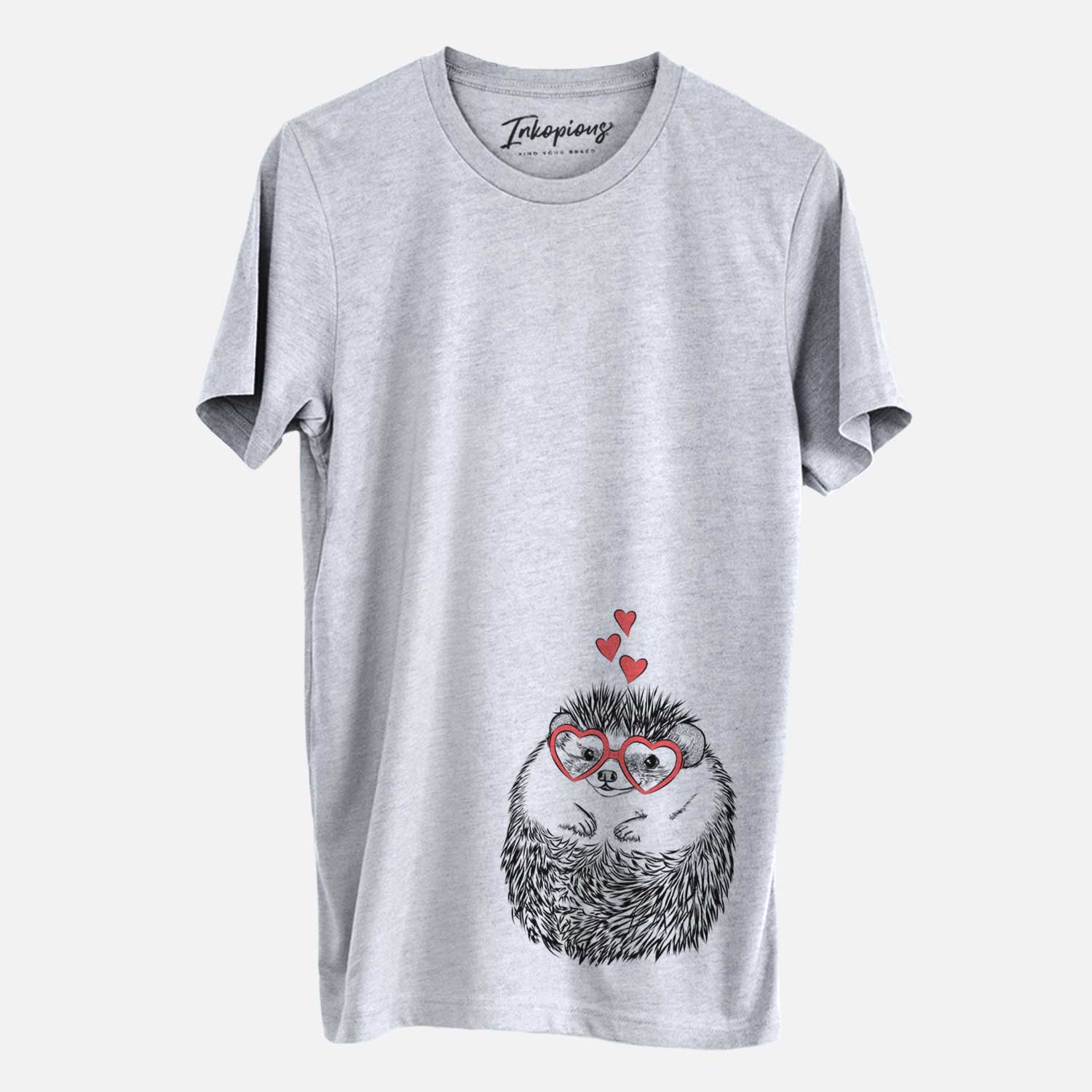 Hand-drawn sketch of Sid the Hedgehog wearing heart-shaped glasses on a Grey Unisex crewneck