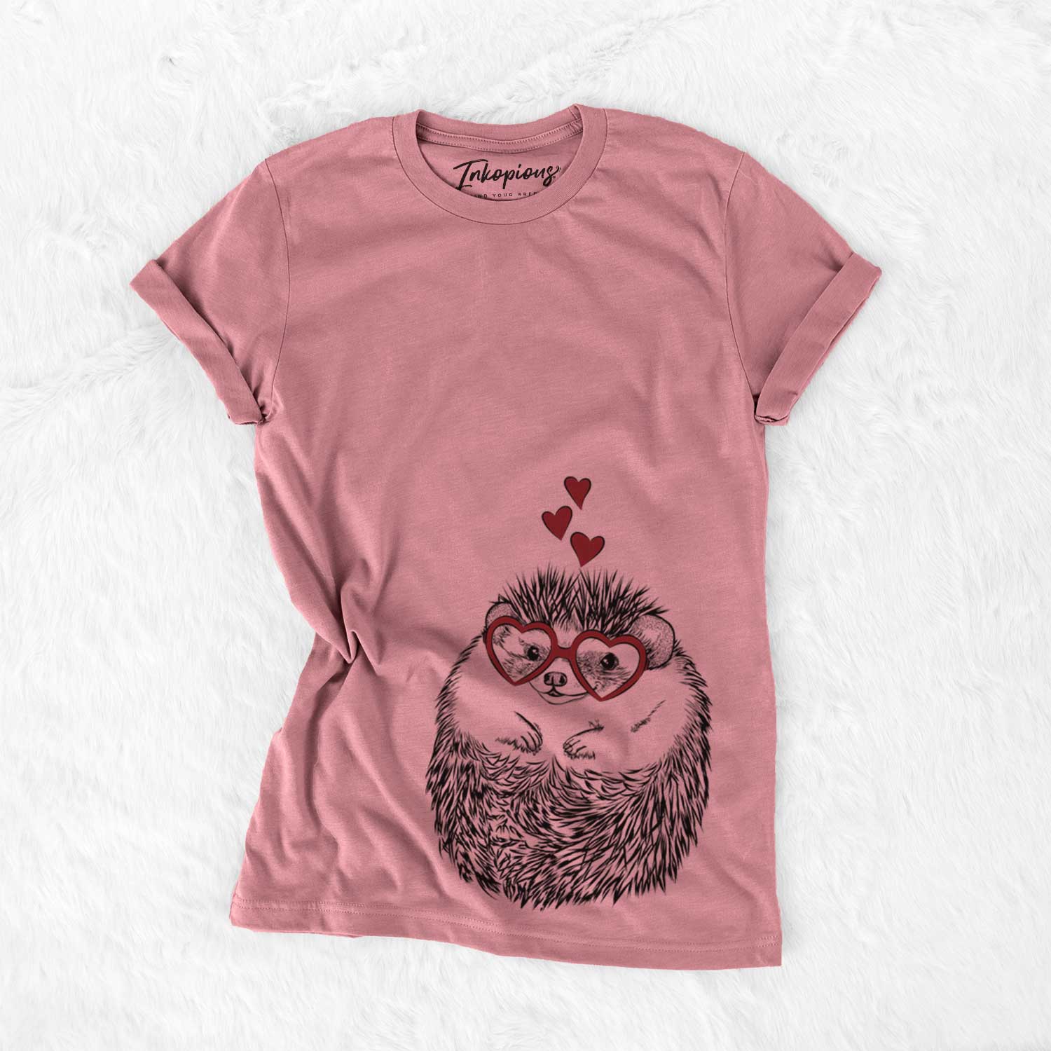 Hand-drawn sketch of Sid the Hedgehog wearing heart-shaped glasses on a Mauve Bella Canvas Unisex Crewneck