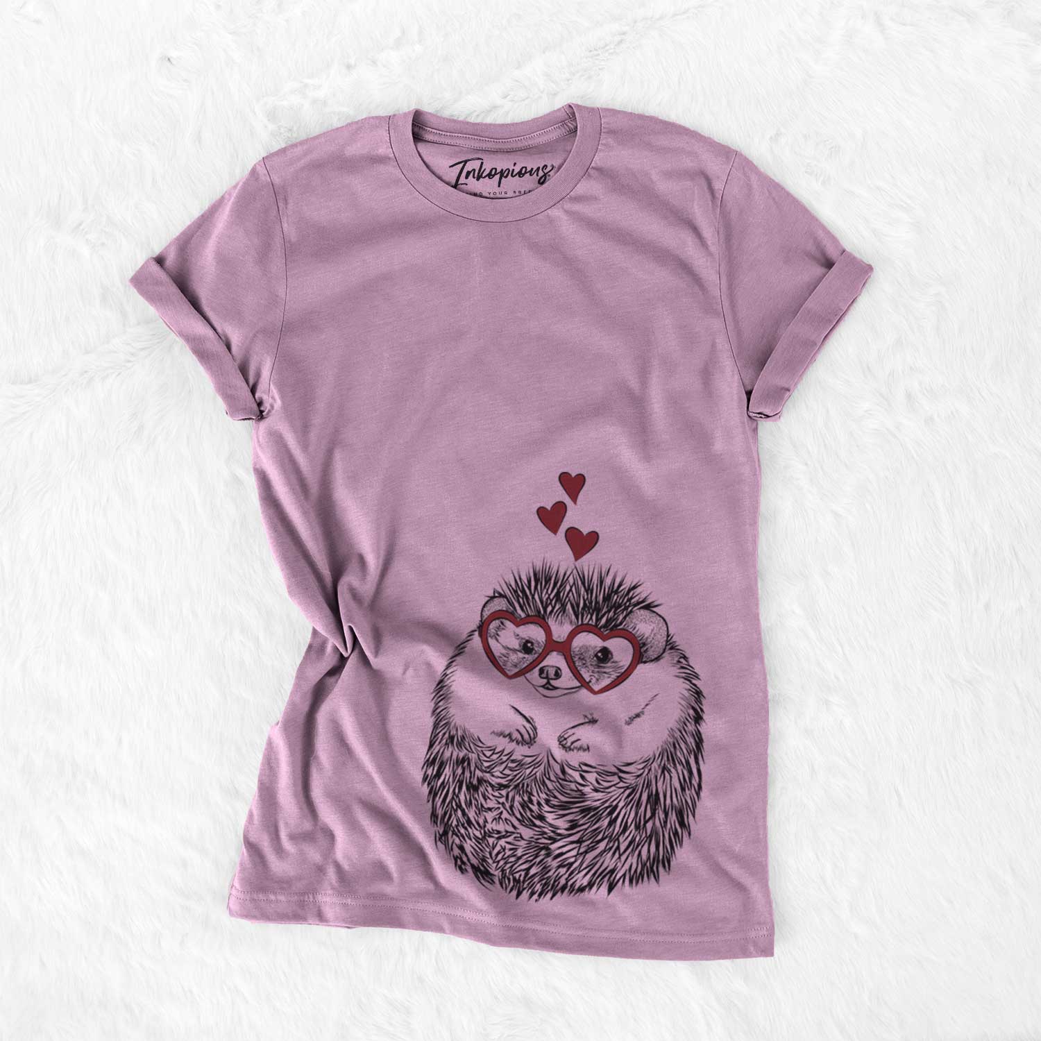 Hand-drawn sketch of Sid the Hedgehog wearing heart-shaped glasses on an Orchid Bella Canvas Unisex Crewneck