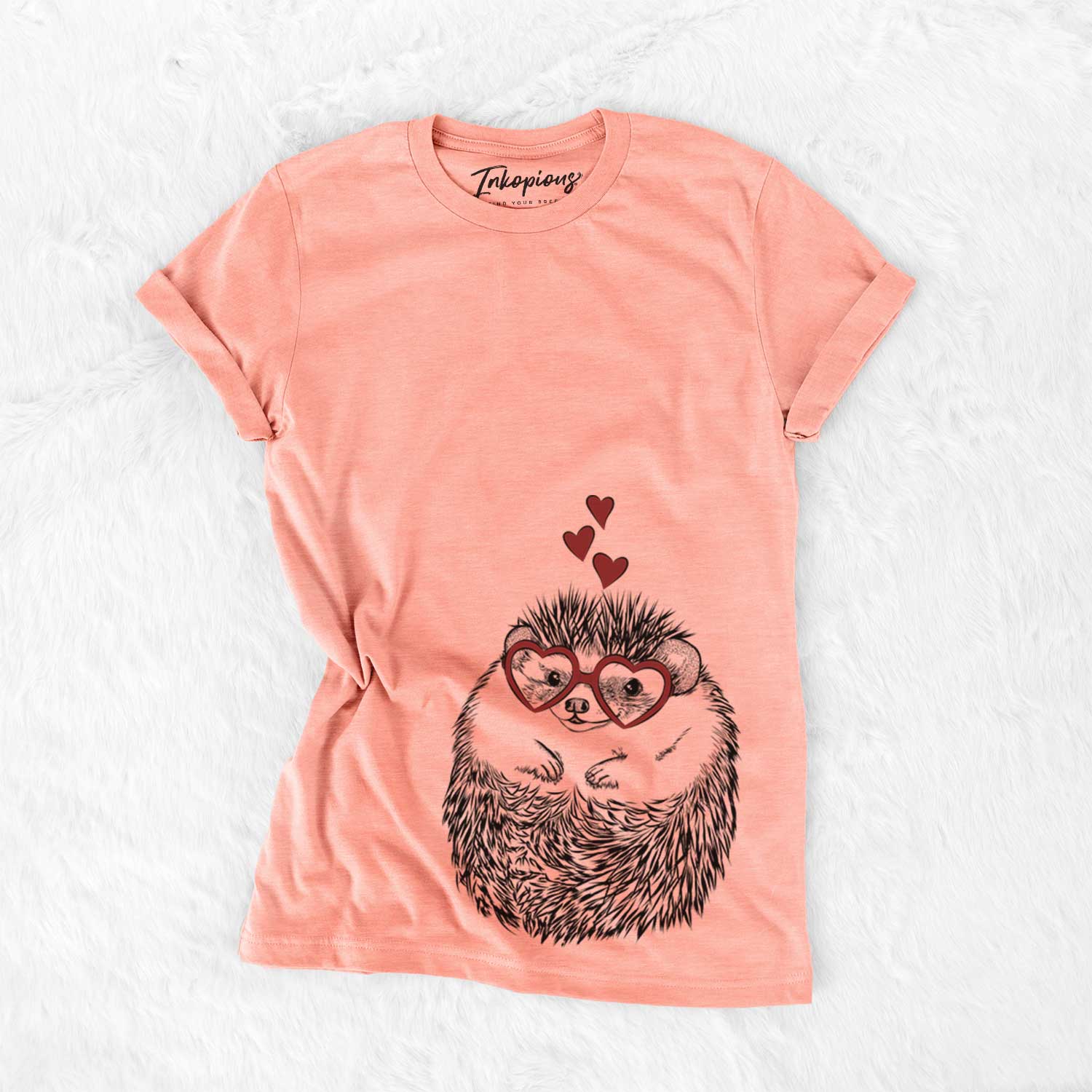 Hand-drawn sketch of Sid the Hedgehog wearing heart-shaped glasses on a Sunset Bella Canvas Unisex Crewneck