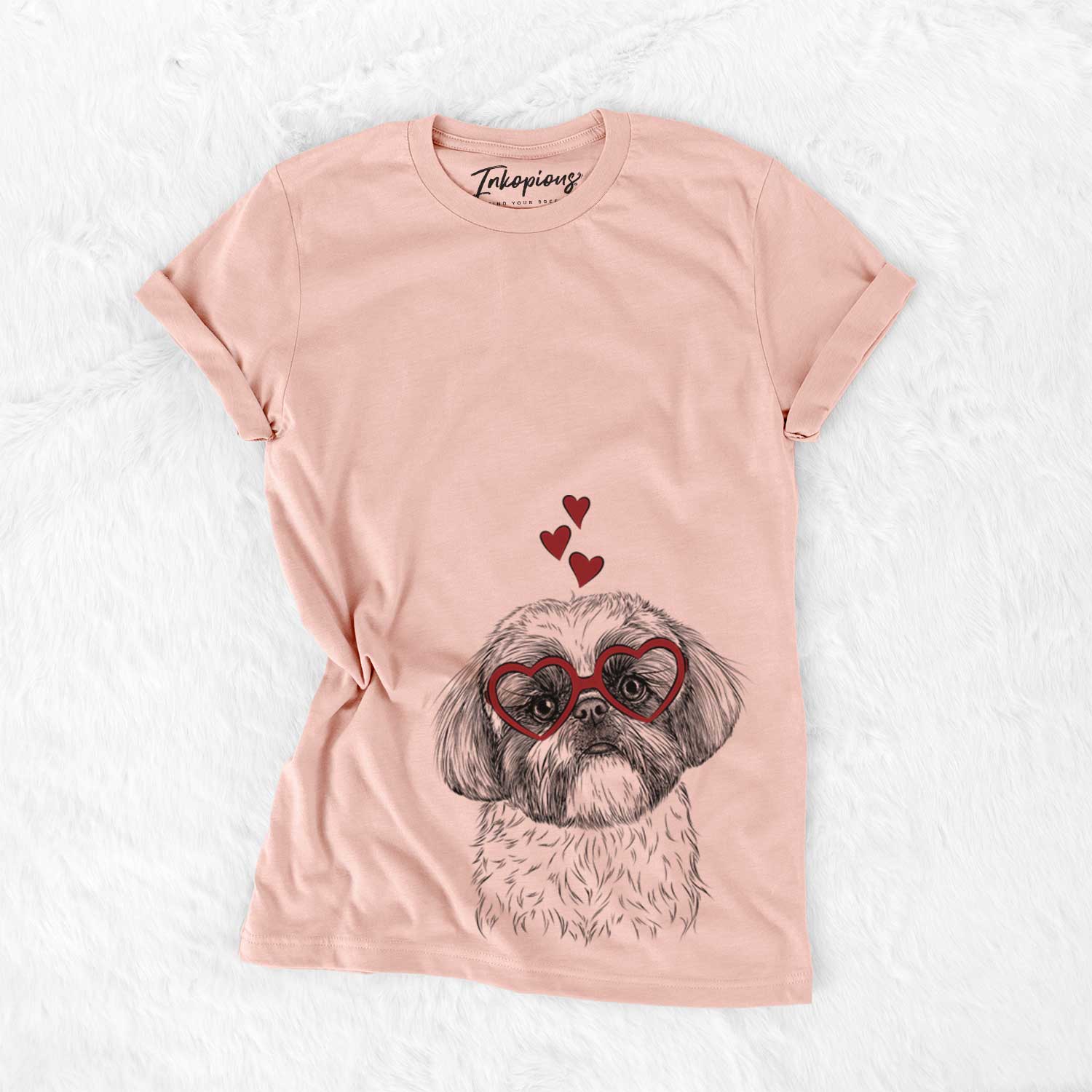 Hand-drawn sketch of Simon the Shih Tzu wearing heart-shaped glasses on a Peach Bella Canvas Unisex Crewneck