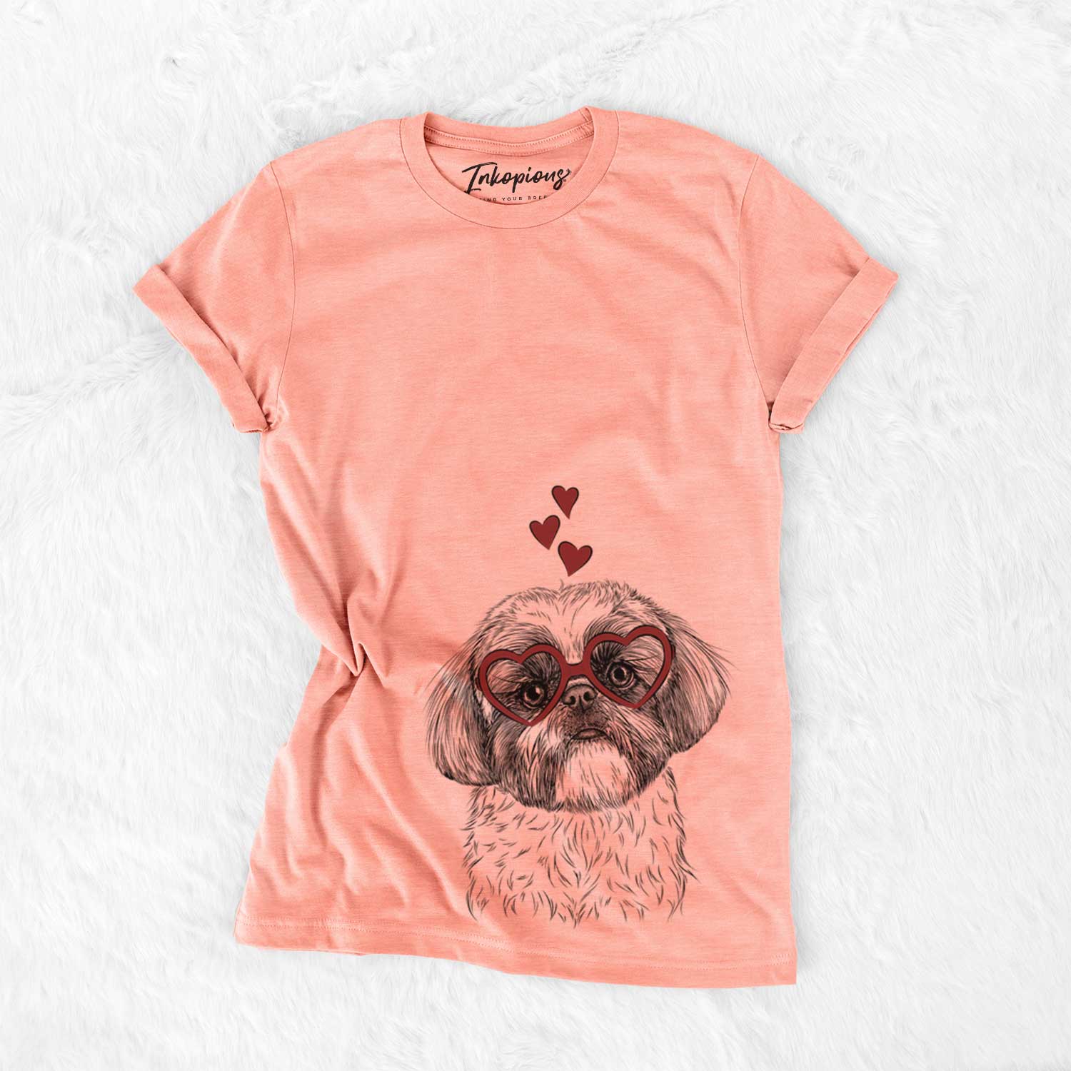 Hand-drawn sketch of Simon the Shih Tzu wearing heart-shaped glasses on a Sunset Bella Canvas Unisex Crewneck