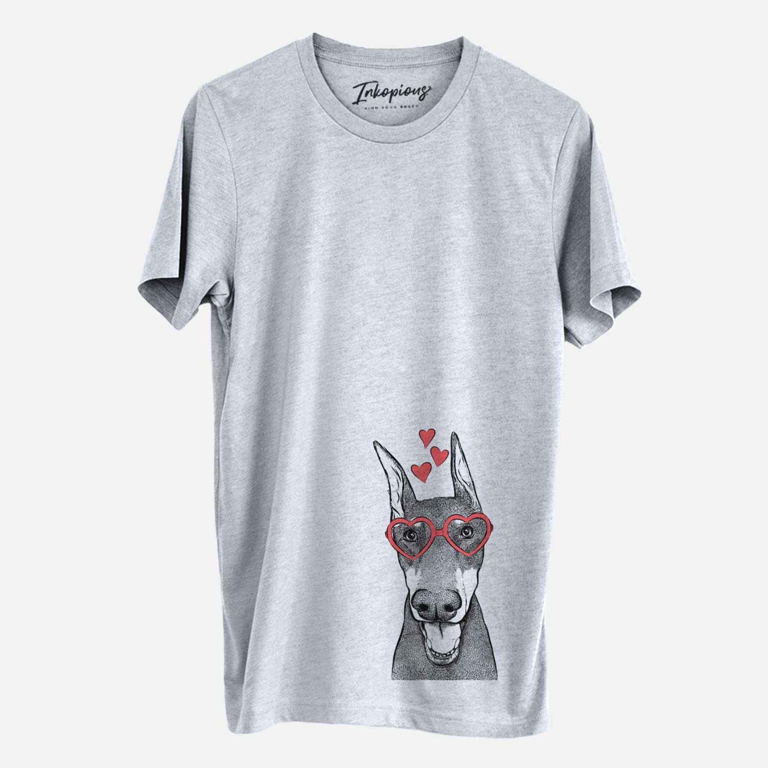 Hand-drawn sketch of Sir Duke the Doberman Pinscher wearing heart-shaped glasses on a Grey Unisex crewneck