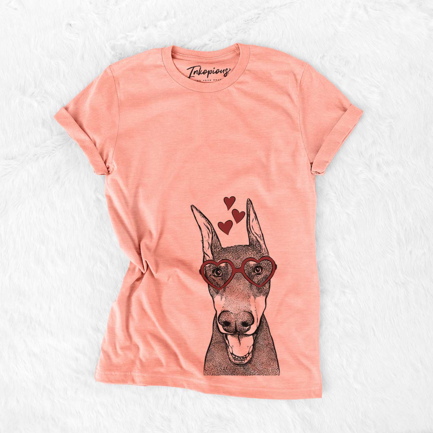 Hand-drawn sketch of Sir Duke the Doberman Pinscher wearing heart-shaped glasses on a Sunset Bella Canvas Unisex Crewneck