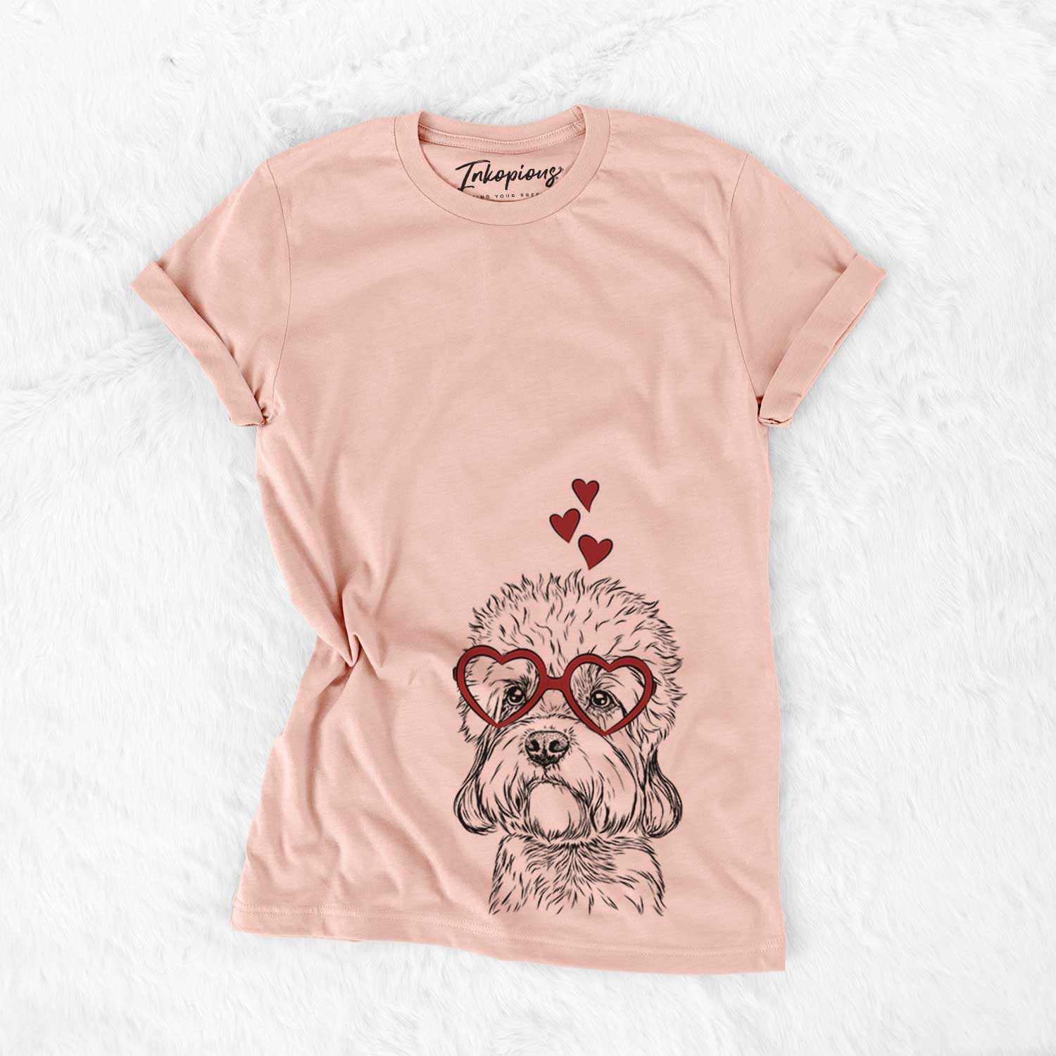 Hand-drawn sketch of Sir Walter Dandie the Dandie Dinmont Terrier wearing heart-shaped glasses on a Peach Bella Canvas Unisex Crewneck