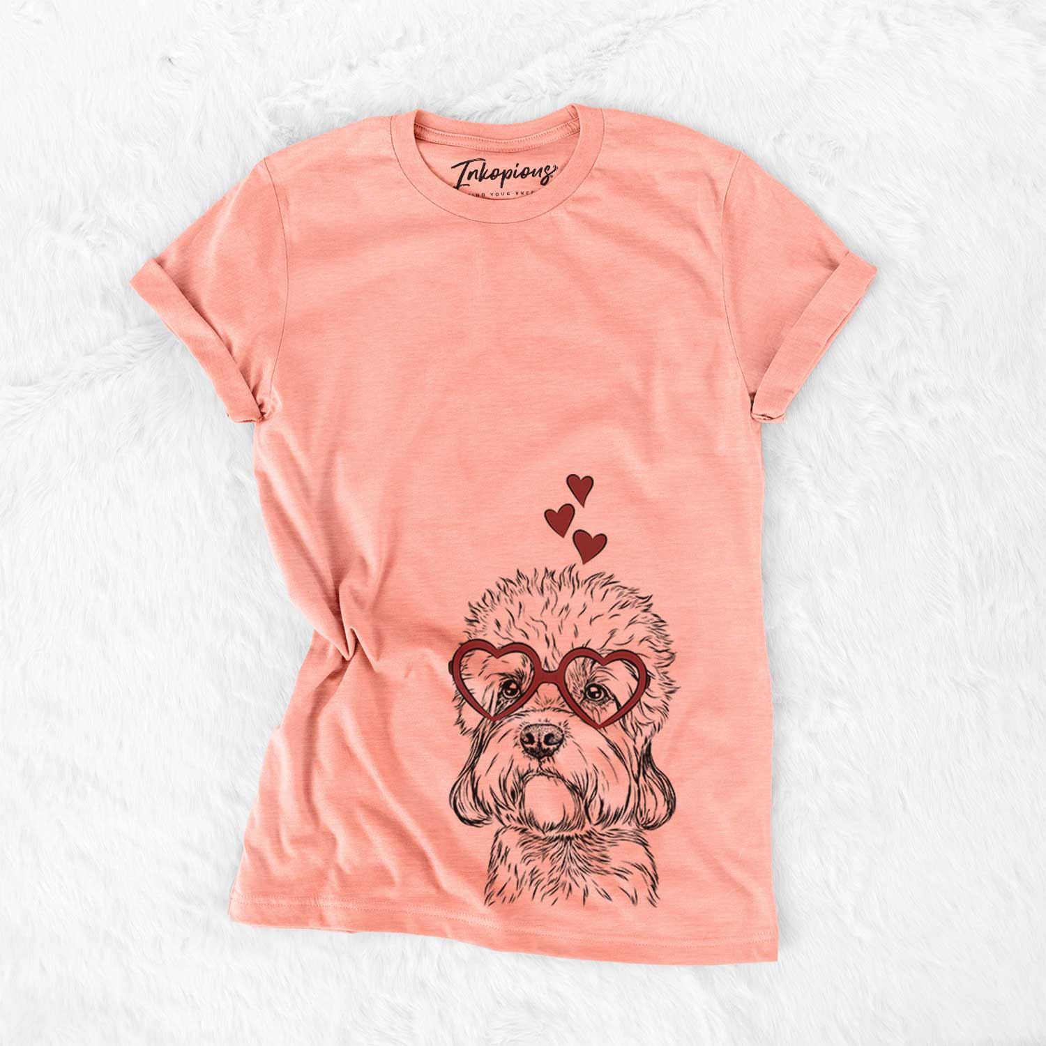 Hand-drawn sketch of Sir Walter Dandie the Dandie Dinmont Terrier wearing heart-shaped glasses on a Sunset Bella Canvas Unisex Crewneck