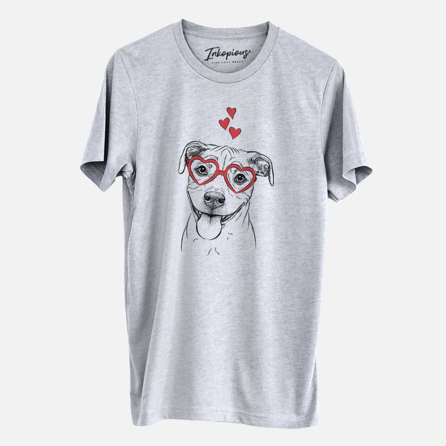 Hand-drawn sketch of Skye the Pitweiler wearing heart-shaped glasses on a Grey Unisex crewneck