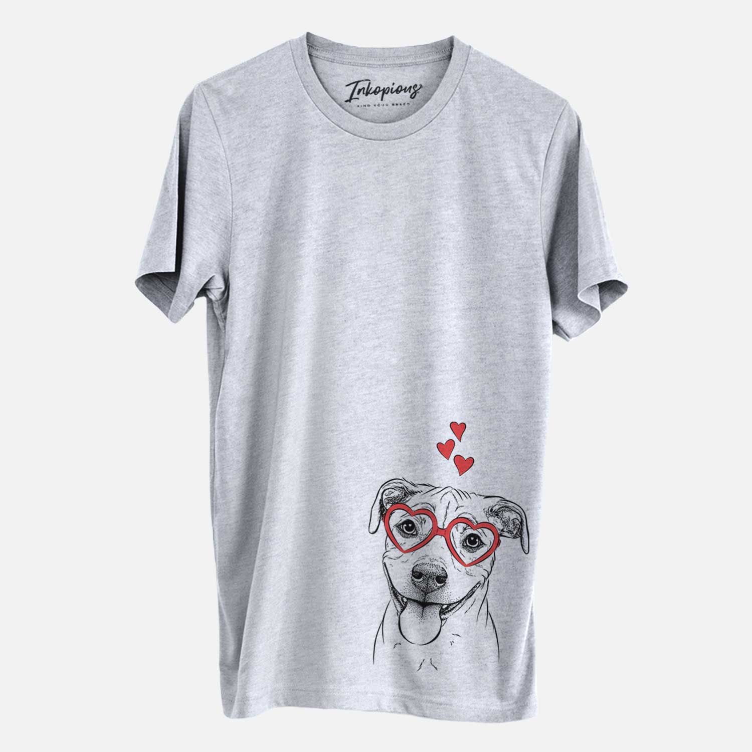 Hand-drawn sketch of Skye the Pitweiler wearing heart-shaped glasses on a Grey Unisex crewneck