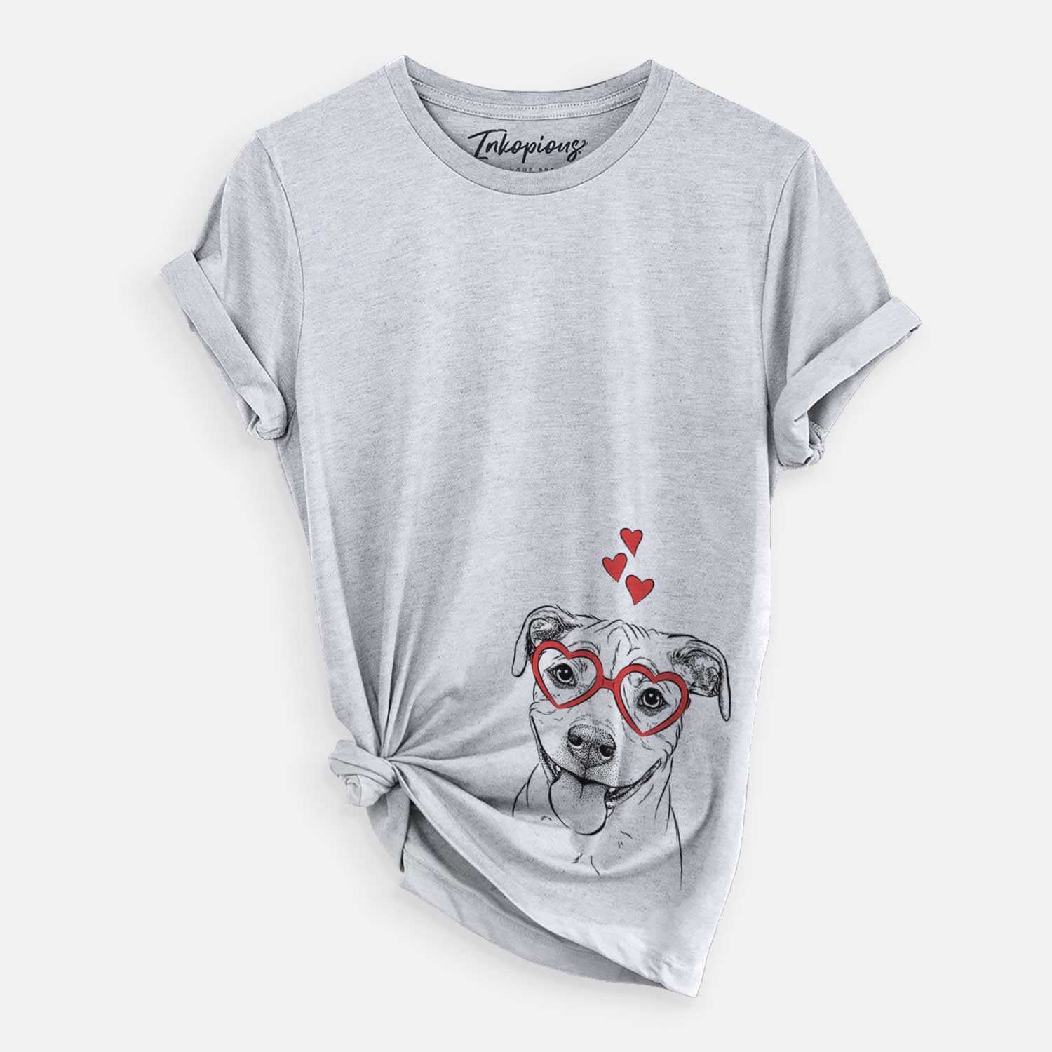 Hand-drawn sketch of Skye the Pitweiler wearing heart-shaped glasses on a Grey Unisex crewneck