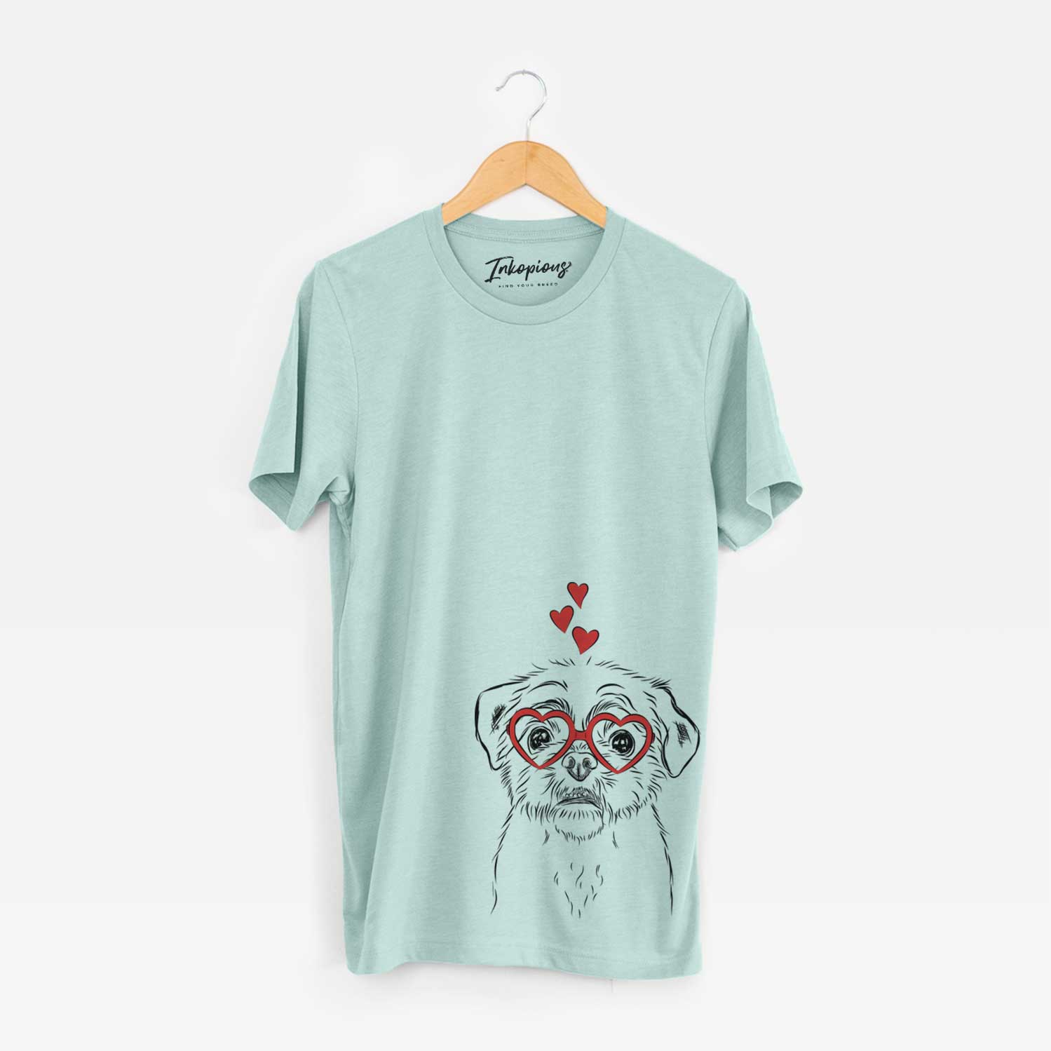 Hand-drawn sketch of Smash the Shih Tzu wearing heart-shaped glasses on a Heather Sage Unisex crewneck