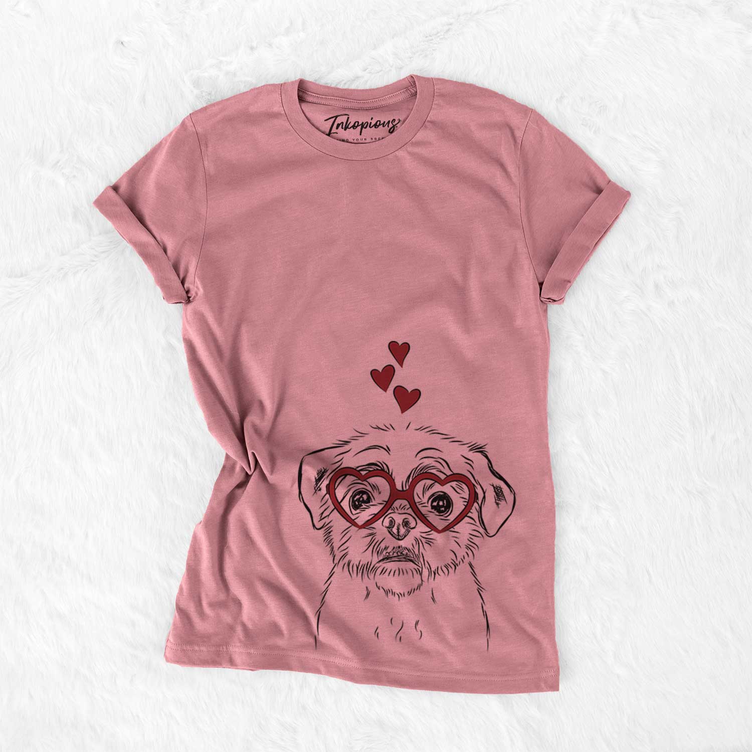 Hand-drawn sketch of Smash the Shih Tzu wearing heart-shaped glasses on a Mauve Bella Canvas Unisex Crewneck
