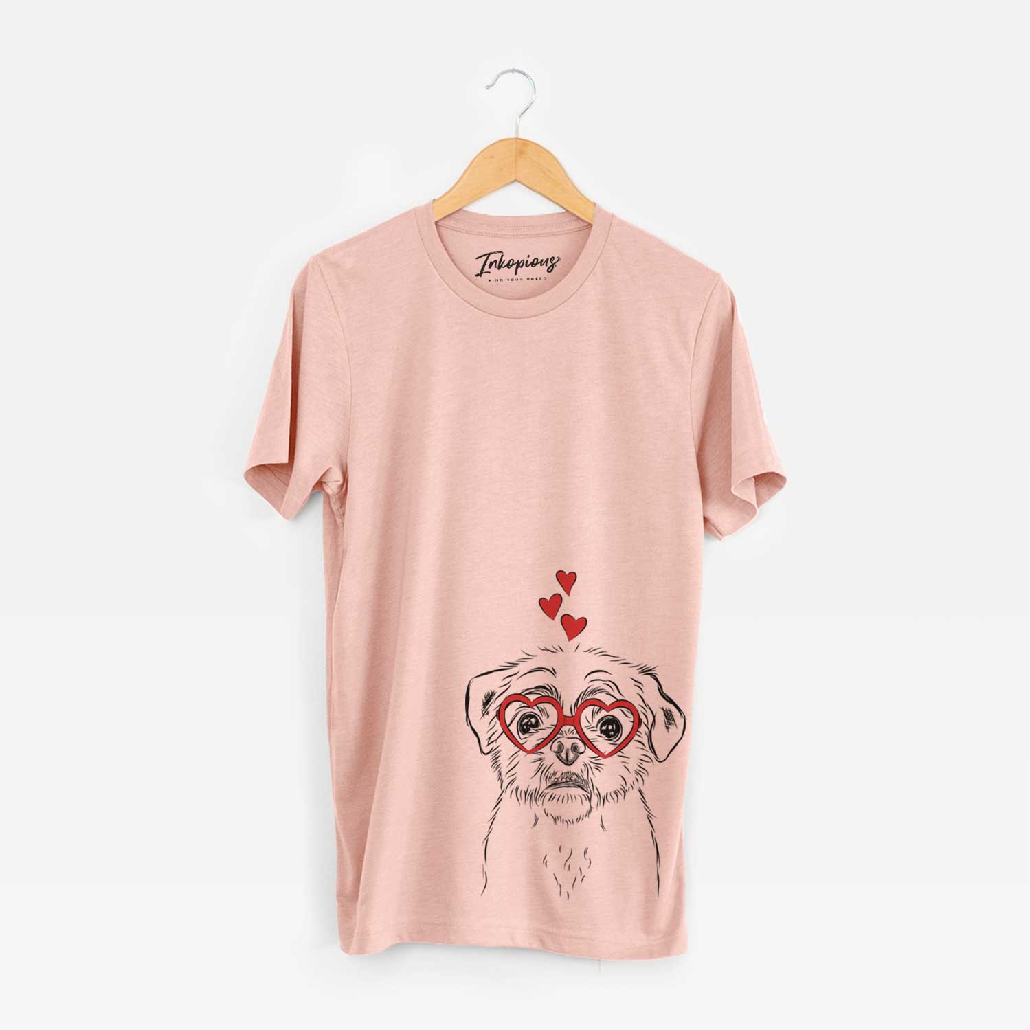 Hand-drawn sketch of Smash the Shih Tzu wearing heart-shaped glasses on a Peach Unisex crewneck