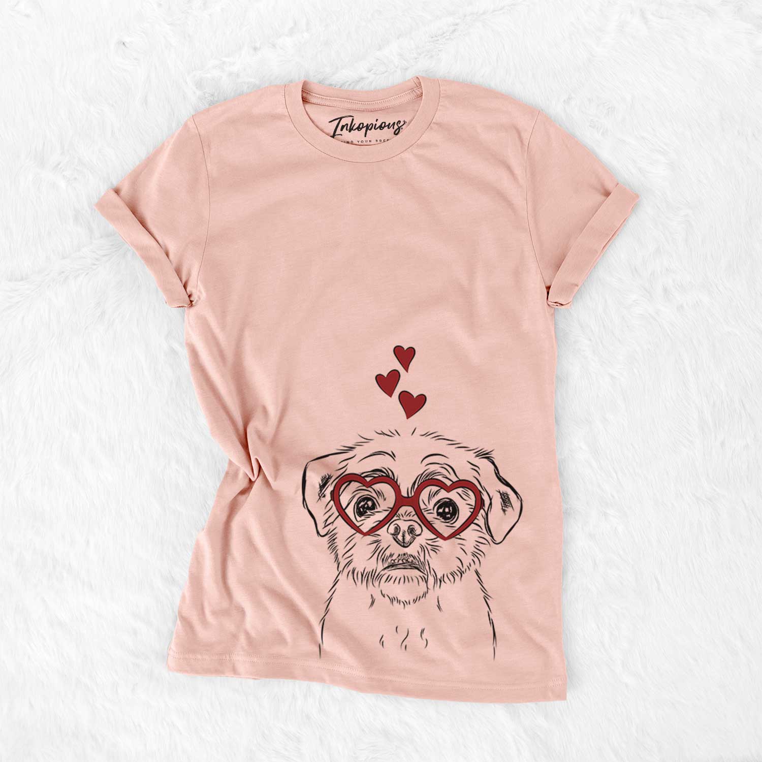 Hand-drawn sketch of Smash the Shih Tzu wearing heart-shaped glasses on a Peach Bella Canvas Unisex Crewneck