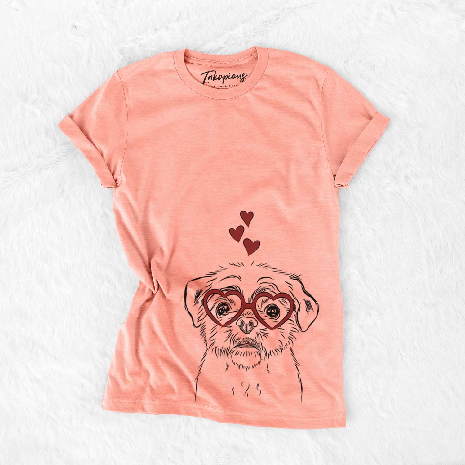 Hand-drawn sketch of Smash the Shih Tzu wearing heart-shaped glasses on a Sunset Bella Canvas Unisex Crewneck