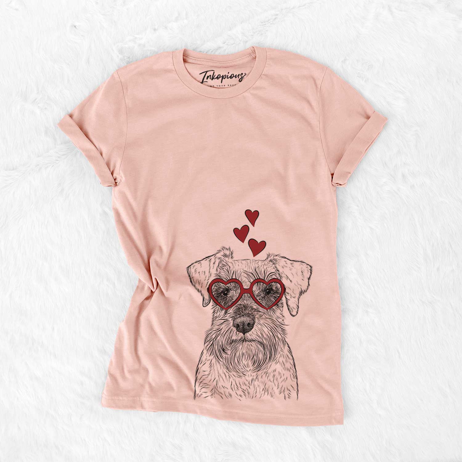 Hand-drawn sketch of Smokey the Miniature Schnauzer wearing heart-shaped glasses on a Peach Bella Canvas Unisex Crewneck
