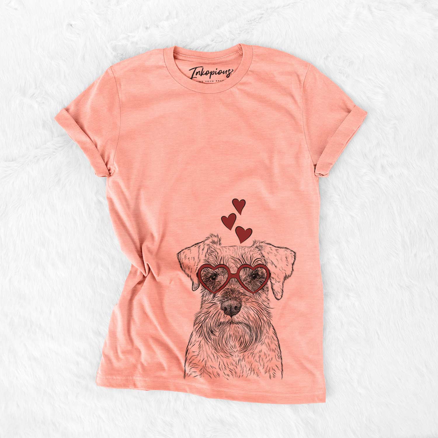 Hand-drawn sketch of Smokey the Miniature Schnauzer wearing heart-shaped glasses on a Sunset Bella Canvas Unisex Crewneck