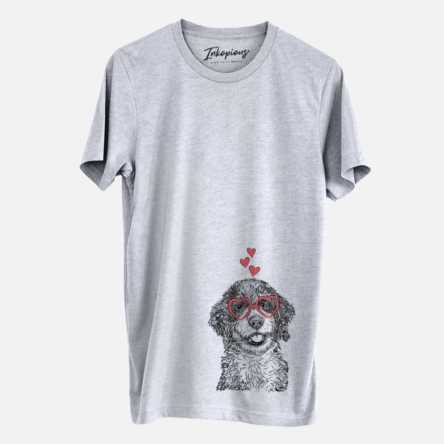 Hand-drawn sketch of Smoky the Bernedoodle Puppy wearing heart-shaped glasses on a Grey Unisex crewneck